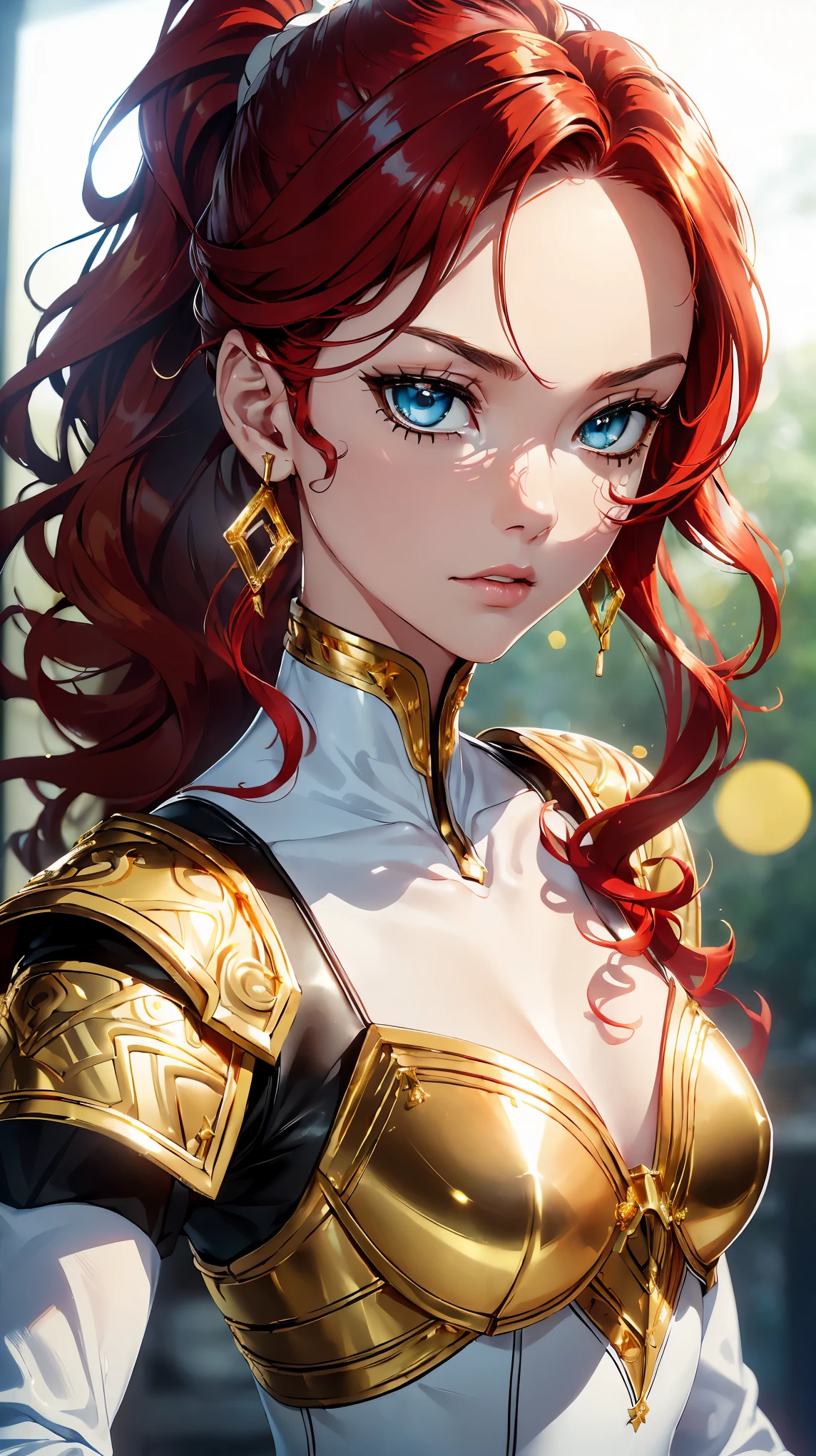 (8k, RAW photo, 最high quality, masterpiece:1.2), High-definition RAW color photo, Professional photo shoot, cinematic light, alone, (((young woman, gal))), (detailed expression), (round eyes), (small face), (high detail skin:1.2), clavicle, cute face, beautiful appearance, long eyelashes, (brown hair, long wavy hair, black eye), ((distinctive earrings)), (slim body shape:1.4), very detailed顔と肌の質感, fine eyes, double eyelid, whole body, (rogue:1.1), woman wearing gold, (leather armor:1.3), worn out armor sewn together, (very detailed:1.5), (gold and white:1.5), Highly detailed and intricate Gothic art, Fantastic, intricate details, (small blue highlights:1), (redhead, wavy hair, high ponytail:1.4), shiny skin, perfect fingers, five fingers, anatomically correct, background bokeh, high quality, surreal, bright colors, ((Nikon, 135㎜, f/1.8, very detailed, Lens flare, photo shoot)),