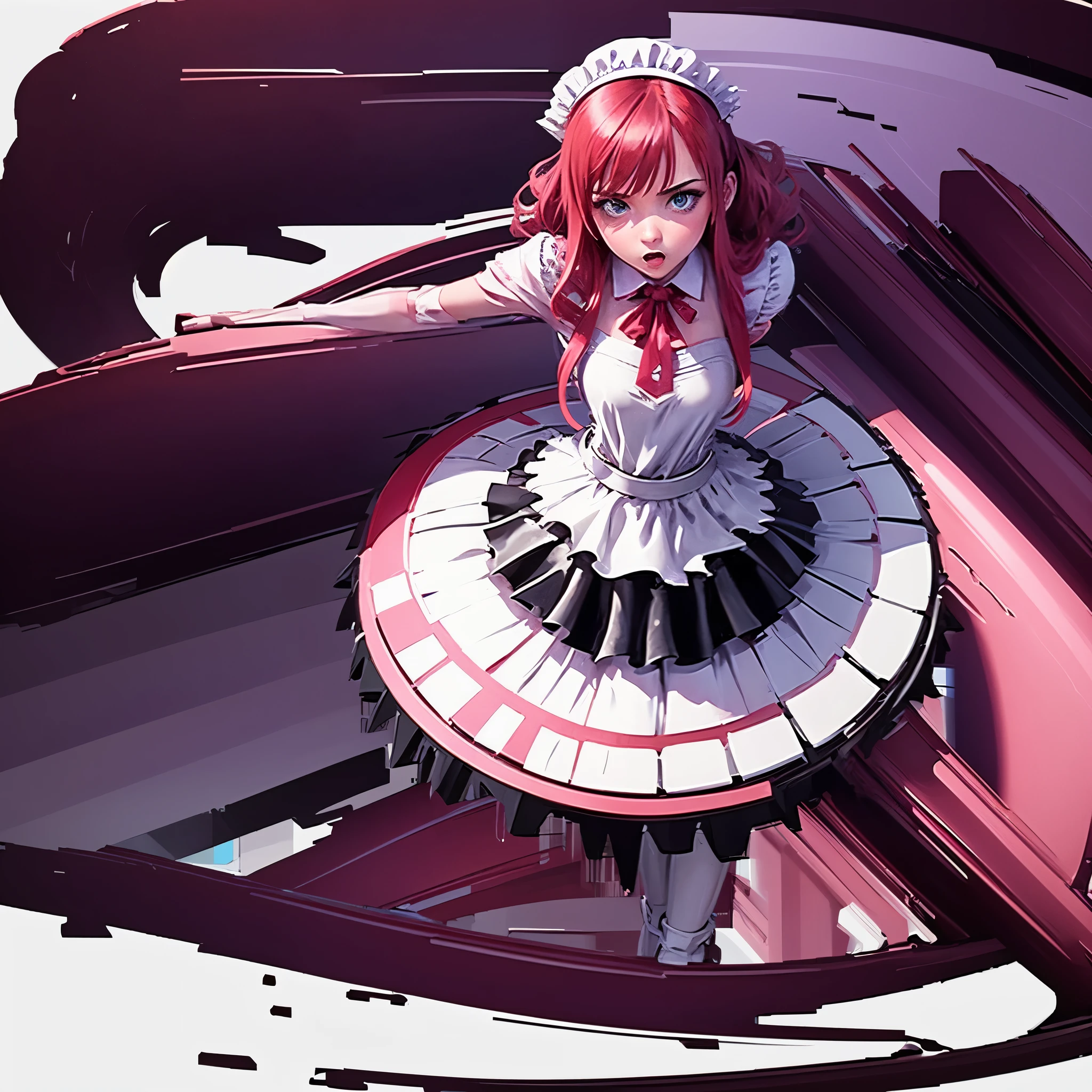 masterpiece,(best quality, illustration,detailed face:1.3),(1girl,solo:1.3),beautiful detailed eyes, apron, gradient_background, gradient, maid, purple eyes,red hair,small breasts,, BREAK, enmaided, white_apron, black_dress, ponytail, black_footwear, frilled_apron, dress, maid_apron, alternate_hair,very long hair, split_ponytail, halo