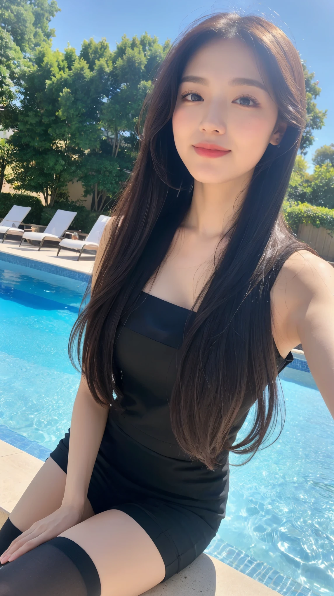 (top quality, 8k, masterpiece:1.3)), a beautiful girl,pure,Oval face,Gentle and cute,sweet smile,pure,lose weight,(street),looking directly at camera,black stockings, inner strength, formal,Black silk long, layered long hair,Long hair spread over shoulders,Big deal, round, black eyes,clear big eyes,Hydrating red lips,Sweet,sit by the pool,blue sky白云,blue sky,stand