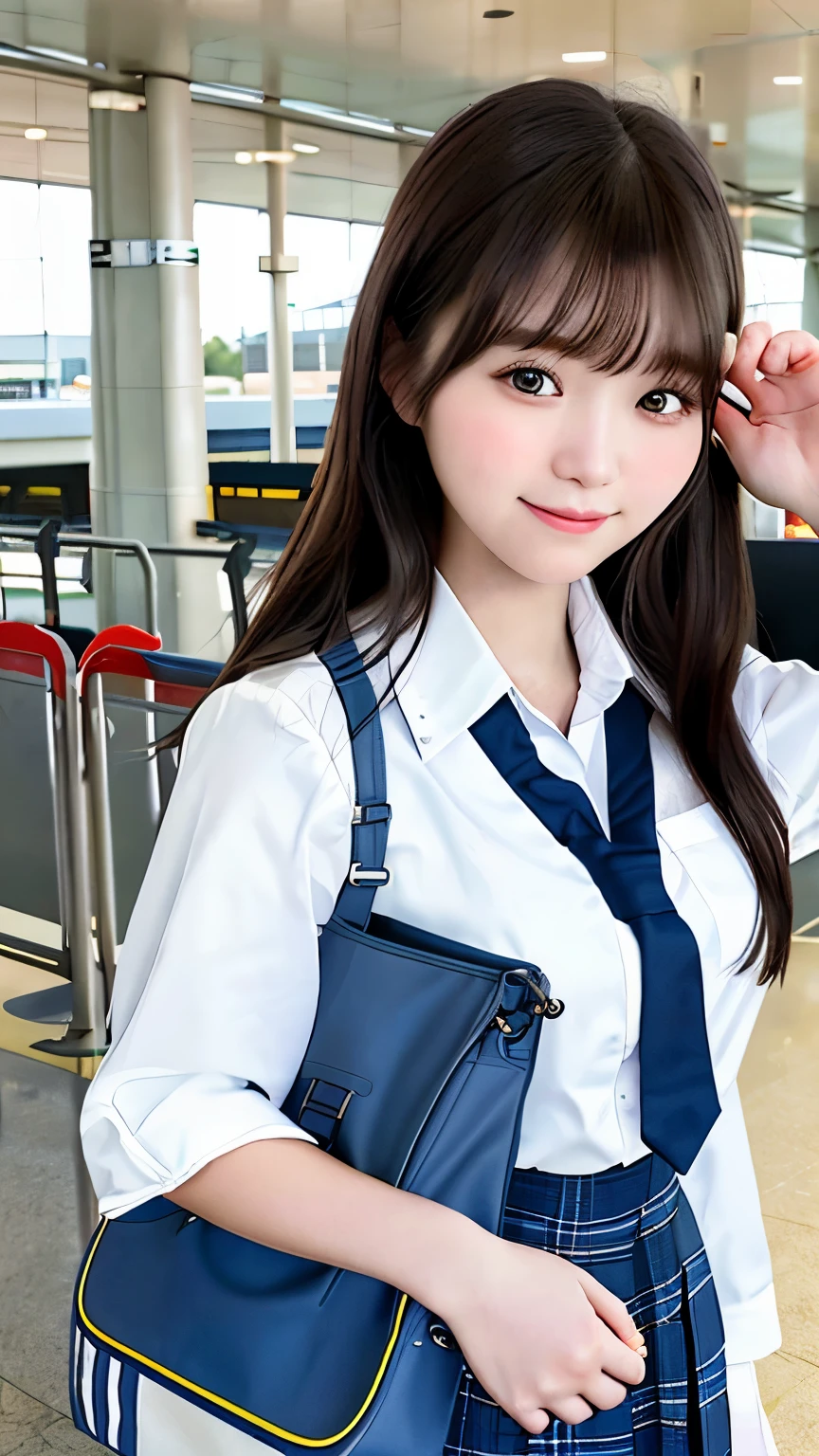 realistic pictures (1 cute korean star) crossed bangs, light makeup, medium chest size, smile a little, school uniform,high school uniform、 At the airport, throw, eye level shot, blurry, Hmm, masterpiece, High resolution, 16k