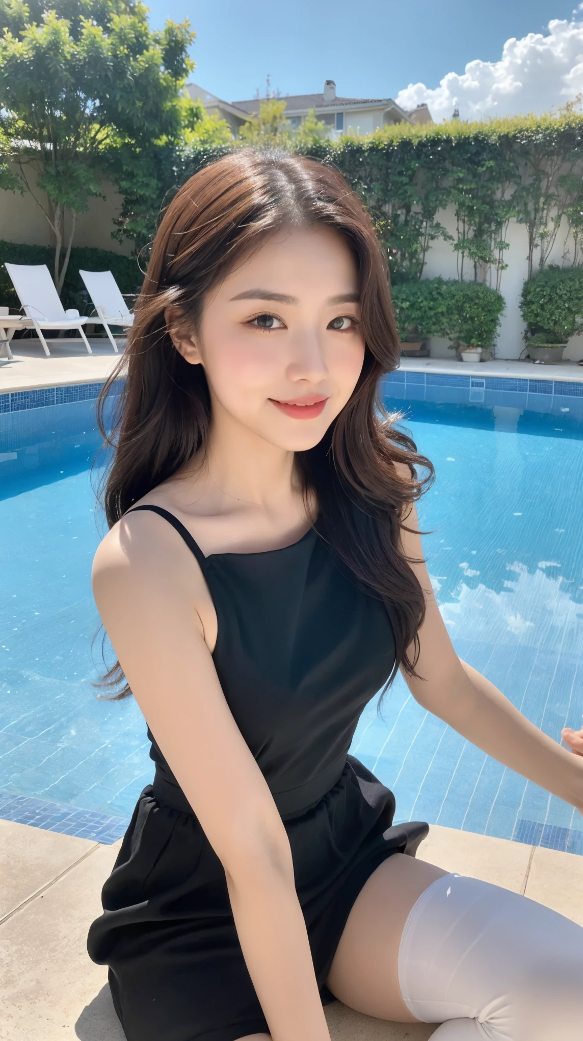 (top quality, 8k, masterpiece:1.3)), a beautiful girl,pure,Oval face,Gentle and cute,sweet smile,pure,lose weight,(street),looking directly at camera,black stockings, inner strength, formal,Black silk long, layered long hair,Long hair spread over shoulders,Big deal, round, black eyes,clear big eyes,Hydrating red lips,Sweet,sit by the pool,blue sky白云,blue sky,stand