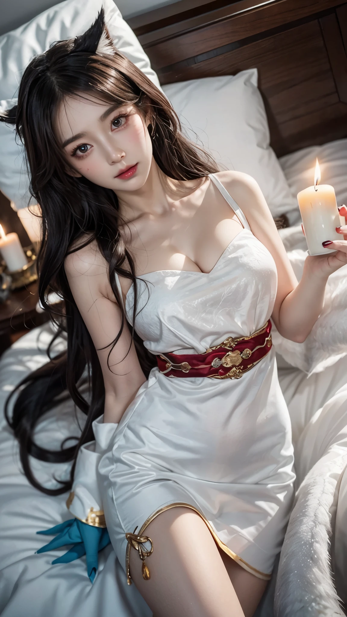 Ahri_Cosplay, White Tails, Black long hair, yellow eyes, 1girl, Lying in bed, ((Bird&#39;s eye view shot)), ((cowboy shot)), night, candlelight, Show off your exquisite figure and graceful curves, slim body, big breasts, cleavage, sexy legs, big eyes, elegant posture, long hair, brown hair, curls, big wave, night, candlelight, Warm colors, masterpiece, best quality, correct, 解剖学correct, official art, complex, detail的脸, detail, lifelike, Very detailed, official art