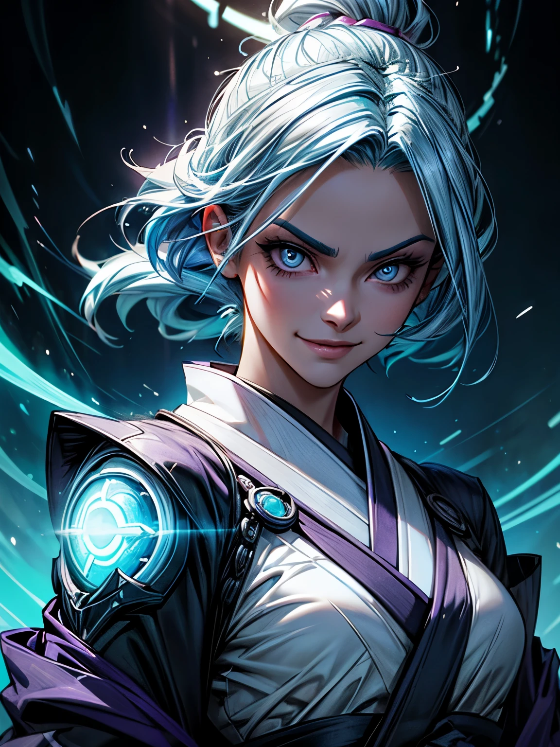 there is a villainous woman with medium light blue hair, eye with thunder drawn in the middle, close-up no olho, neon, energy and powers sparks of light coming out of the woman, kimono branco com azul, lindo, highlights fortes, sombra forte, foco no meio, arbustos no fundo, evil smile