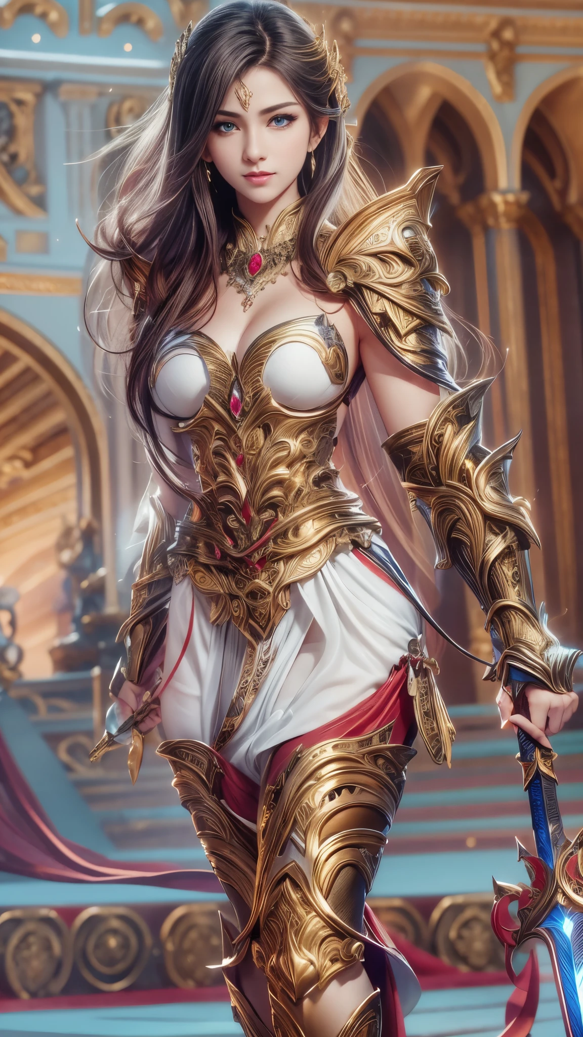 (RAW shooting:1.5, Photoreal:1.5, 8k, highest quality, masterpiece, ultra high resolution), medieval europe, world of magic and swords, perfect dynamic composition:1.2, Mysterious:1.3, Highly detailed skin and facial textures:1.3, cute and sexy slim female warrior, beautiful and aesthetic:1.2, cute and sexy beauty, perfect style, wear elaborate rings, Pose of brandishing a large sword, fire, water, Wind, thunder, ice, Fair skin, very beautiful face, (Medium chest, Chest gap), (embarrassing smile, The expression on your face when you feel intense caress, Facial expression when feeling pleasure), (sexy gold metallic armor:1.1, off shoulder, Navel exposure), (beautiful blue eyes, Eyes that feel beautiful eros:0.8), (Too erotic:0.9, Bewitching:0.9), full body shot, Ancient castle in the background