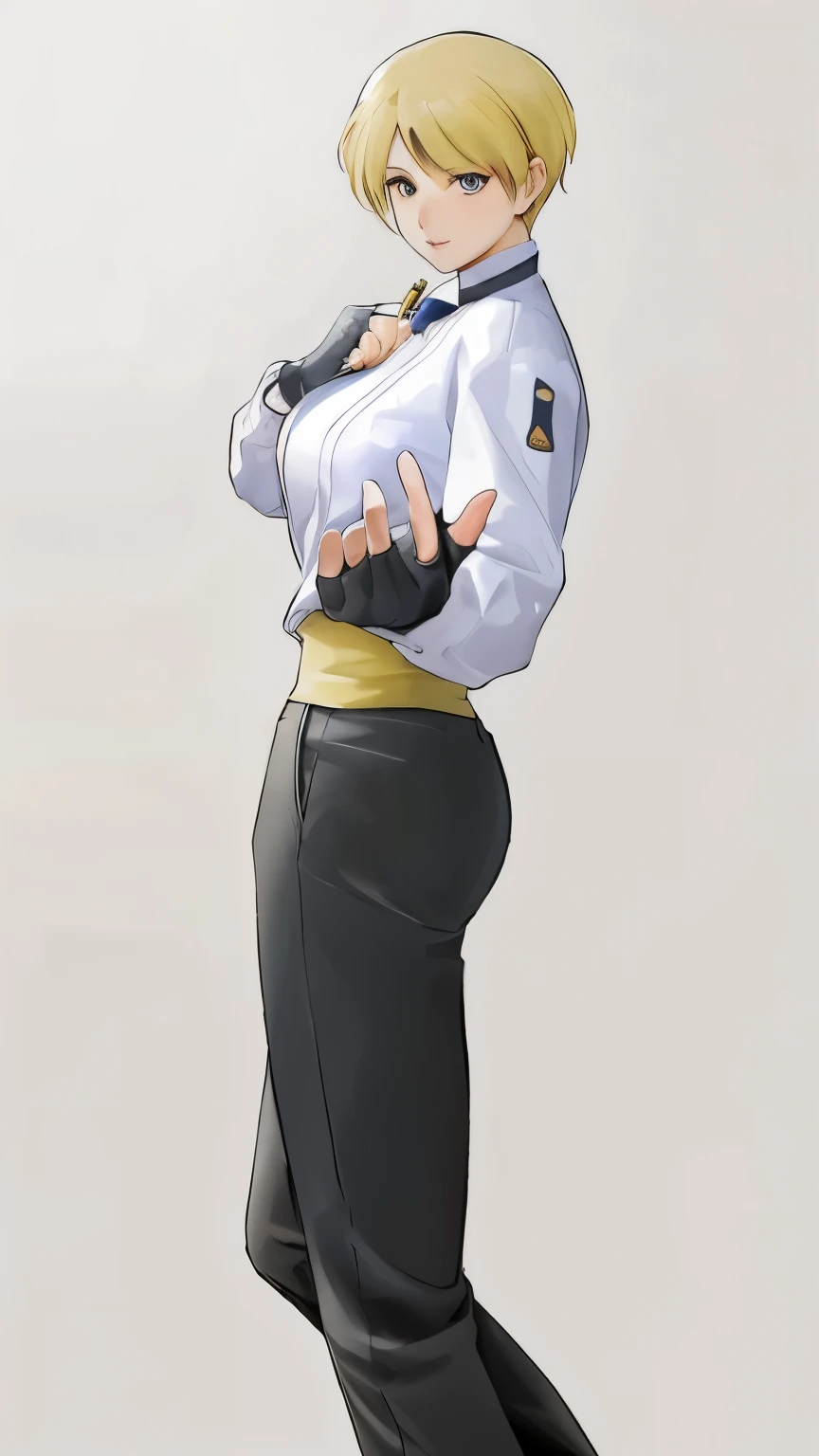 Anime character wearing a uniform of white shirt and black pants, Misato Katsuragi, The King of Fighters characters, Ace Attorney Maya Fey, official character art, official art, Full body illustration, yayoi kasuma, !!full body portrait!!, Faye Valentine, full body portrait, キャラクターのfull body portrait, character full body portrait