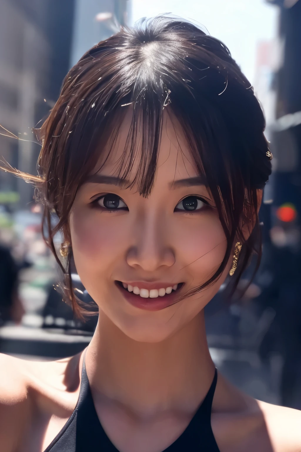 RAW photo, face portrait photo of beautiful 26 y.o woman, cute face, wearing black dress, happy face, hard shadows, cinematic shot, dramatic lighting