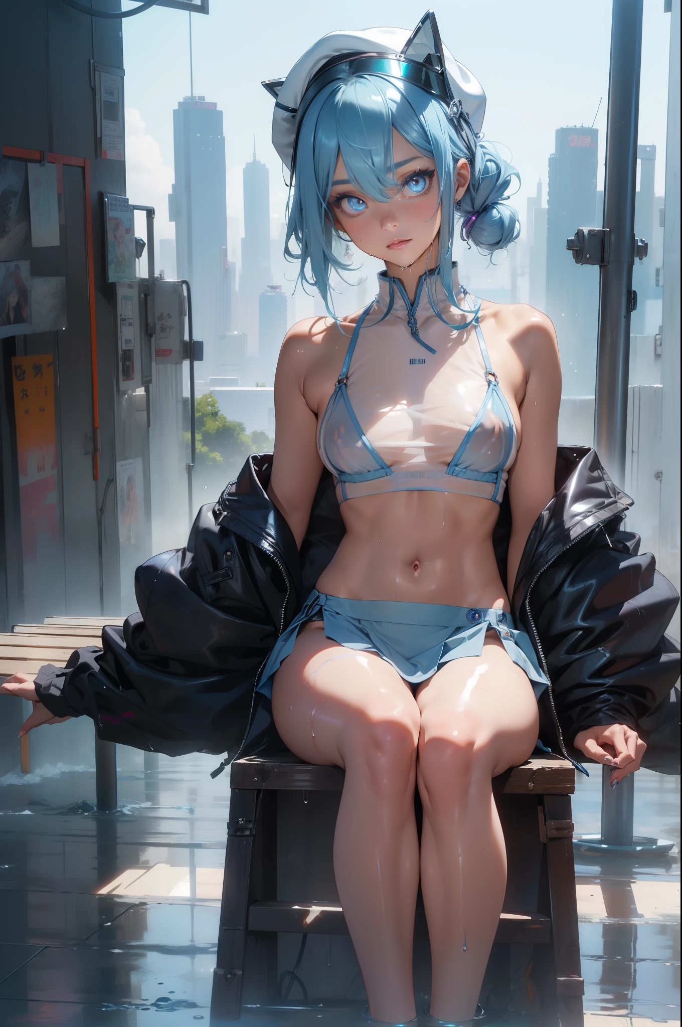 (quality)), ((masterpiece)), Recommended results、puffy nipples、(see through:1.5)、straighten your back、abdominal muscles、huge bust、angle to floor:1.2、Low photographic angle、Hair loss on crotch，Hatsune Miku，pale nipples blue hair)),big breasts:1.4),Breast sagging,(((pale nipples blue bob hair:1.35,Colored inner hair,),1.5)),((silver armor dress,Tesla Coil)(((pale nipples_blue_Eye:1.3))),复杂的 Eye,beautiful detailed Eye,symmetrical Eye,((fat)),(((skin shiny:1.5,bright skin: 1.5,skin shiny,very skin shiny,shining body,plastic glitter skin,exaggerated skin shiny,glowing skin,wet legs))),(lower abdomen,Yao Liu,wide hips,detailed body,(Detailed face)),charming,Tempting,,((national foundation)),maid headdress),only_Shoulder,Delicate metal decoration,hat,(maid),sleeveless,mini skirt,boots,_face,Perfect facial details,lifelike的脸,lifelike,analog style,((complex details)),(((realism))),