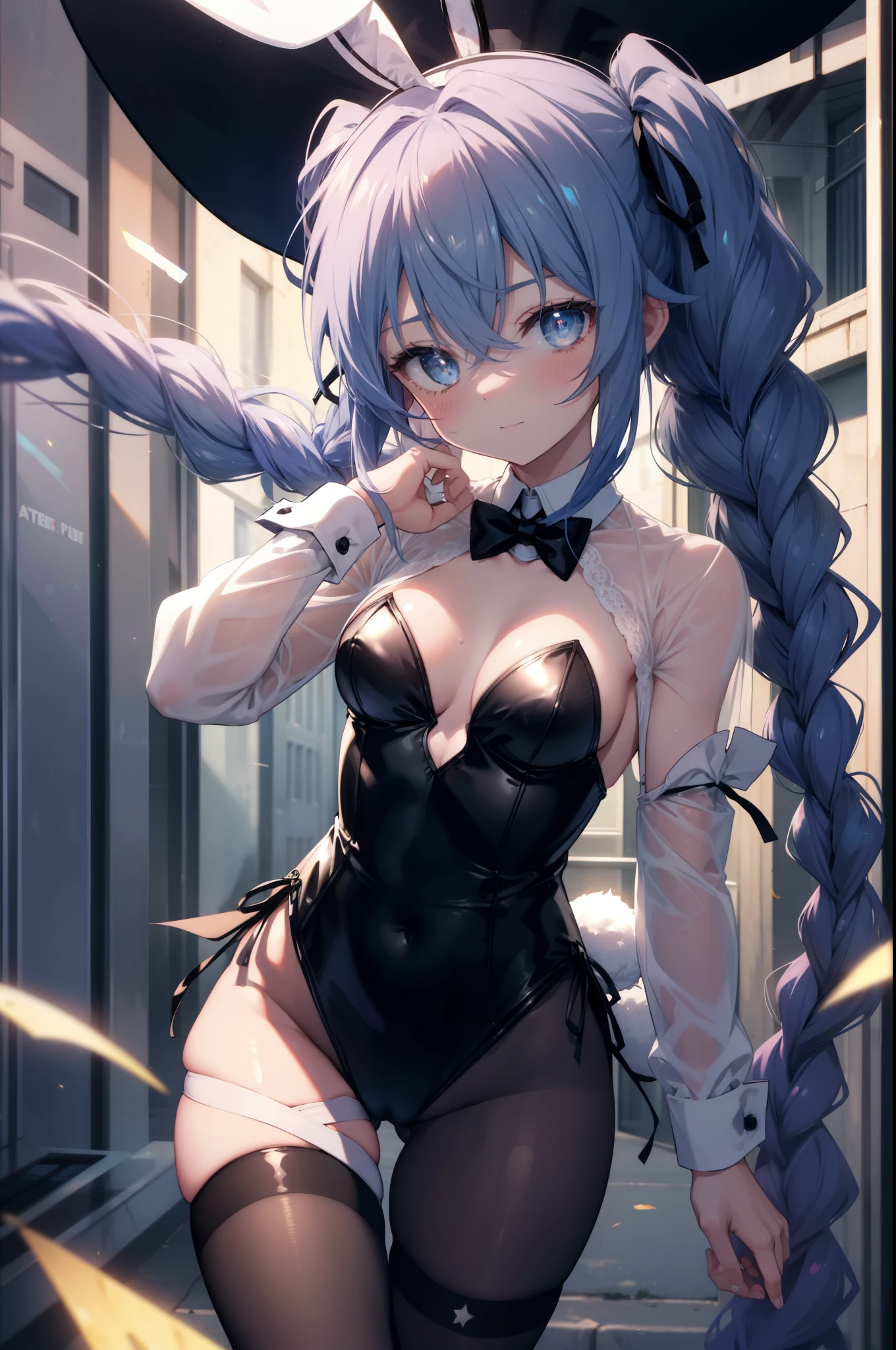 Roxymigurdia, Roxy, Ahoge, black ribbon, blue eyes, blue hair, Braid, hair between eyes, hair ribbon, long hair, twin Braids, very long hair, have, witch have,blush,smile,(Bunny girl:1.5),(Black Playboy Bunny:1.0),White pantyhose,Heel,sexy pose,have a magic wand,
break looking at viewer,
break outdoors, city,
break (masterpiece:1.2), highest quality, High resolution, unity 8k wallpaper, (figure:0.8), (detailed and beautiful eyes:1.6), highly detailed face, perfect lighting, Very detailed CG, (perfect hands, perfect anatomy),