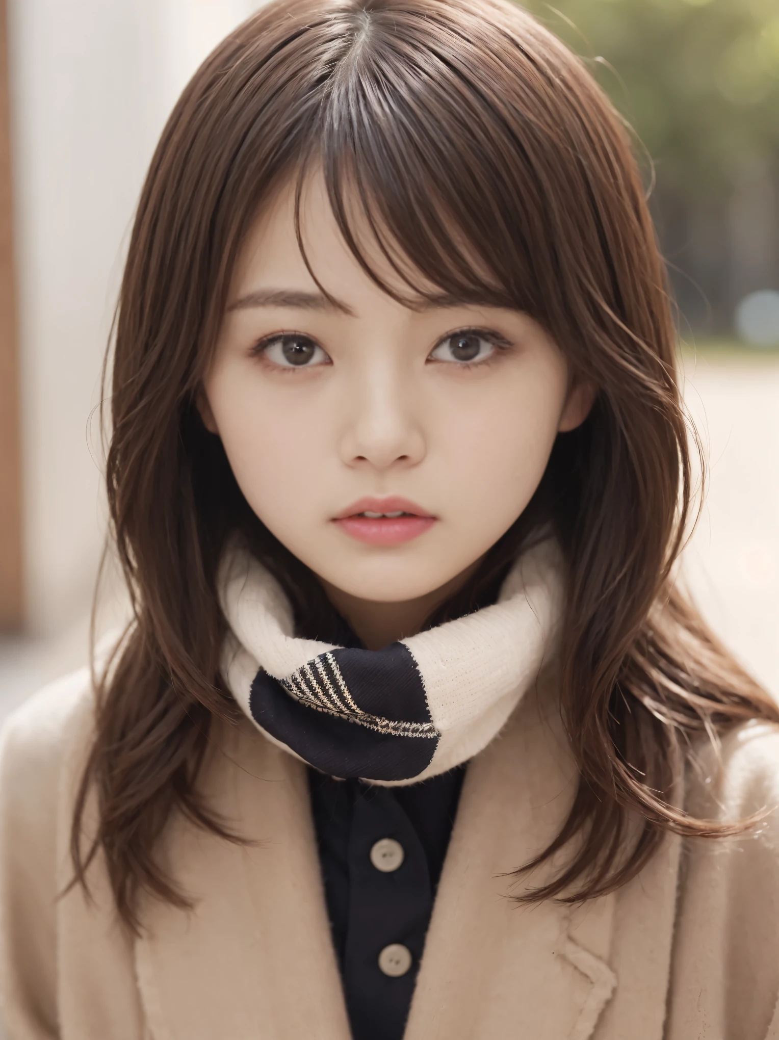 (best image quality、8k、masterpiece:1.3))、Realistic high quality photos、highest quality、cute girl~well-groomed face、25 year old beautiful Japan woman、スリムmodelの写真、big breastodel、若いjapanese girl、young and cute face、japanese girl、25歳女性model、美しいmodelの女の子、The innocent look of the girl next door、nice delicate face、brown hair、beautiful brown eyes、tear bag、drooling eyes、young body、coat, scarf, gloves, winter