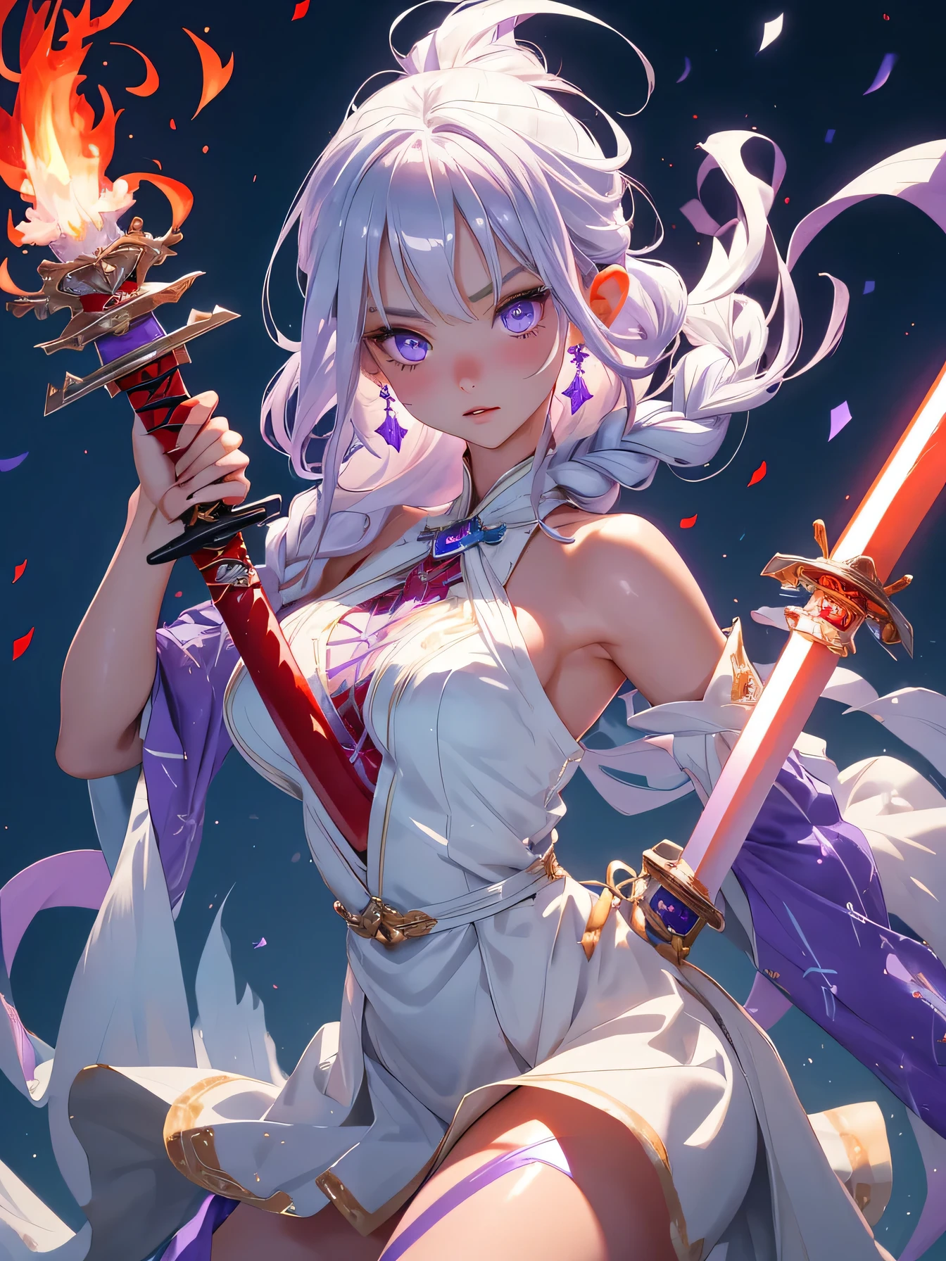nsfw:1.1, high resolution:1.7, incredibly absurdres, kawaii:1, cute:1.5, hires.fix,anime visual:1,incredibly fine illustration,8k,masterpiece:1.2,best quality, high quality, exquisite, beautiful,insanely detailed, intricate detailed, extremely detailed, Super Definition,ultra high res, Super Resolution, best aesthetic, ultra detailed:1.5,best quality, perfect face, detailed face, masterpiece:1.2, illustration:1.2, 8k cg wallpaper, stunning art,absurdres,octane render,ultra hires,
Japanese Actress,(Idol),18yo,Beautiful,(Cute and lovely),cute girl,((anime elf with extremely cute and beautiful silver hair)),((((silver single braid,ear breathing)))),intricate eyes,beautiful detailed eyes,symmetrical eyes,big eyes:1.5,enchanting bright green eyes studded with gold and silver dust,(((pinky and glowing_skin,shiny body))),upward breasts,waist slender,(detailed body,(detailed face)),cute,daring,zettai ryouiki,show skin,best relationship with four fingers and one thumb,Very Fine Face and Eyes,Very Fine Hair,(Perfect Anatomy),((girl trembling with sexual climax)),Garter Belt,Bare shoulders,Check out our thru-rack chokers and midi rings with chains,vibrant colors and smooth brushwork bangs, sidelocks, sharp eyes, 1 girl, solitary amidst the enchanted forest, her essence half-mythical. a tapestry of silver and amethyst,dances with the wind's gentle touch.hold the secrets of the stars.She wears a gown crafted from the moon's radiance, adorned with patterns of ancient runes that shimmer in the night's embrace.Close upperbody,dynamic Pose,cowboy shot,posing for a photo,looking at viewer,(front_view:0.8),(wide shot:1.2),cinematic lights,dark,highly,volumetric lighting,cinematic lights,(red fire:1.5), (holding white flame sword:1.5), (holding blue energy sword:1.3),(purple flame katana:1.3), (swing a purple flame sword:1.3),battle,fight,(action pose:1.3),(vengeful spirit come's attack), (vs vengeful spirit),(purple confetti:1.3)