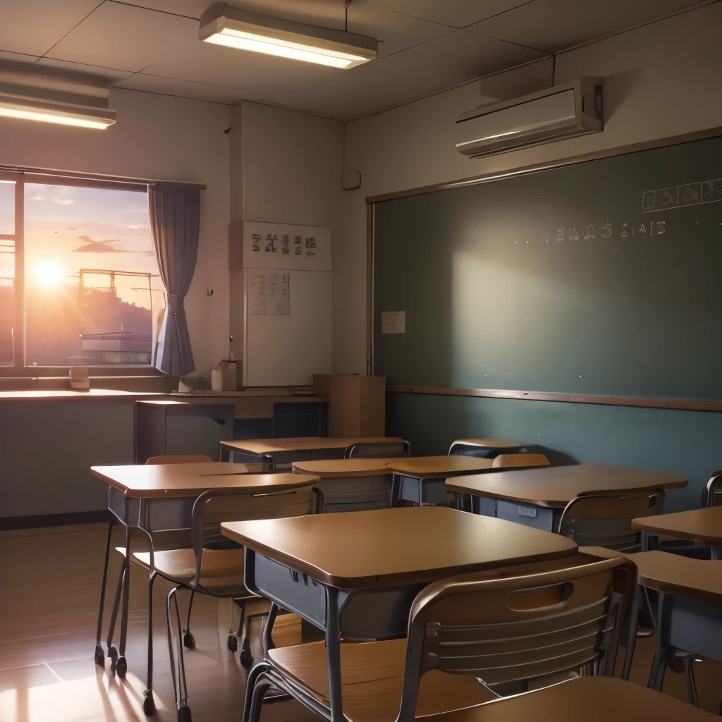 school classroom、classroom at dusk、sentimental landscape、the curtains are fluttering、The setting sun is dazzling outside、Graffiti on the blackboard at the back of the classroom、a lot of luggage in the locker、Cluttered classroom