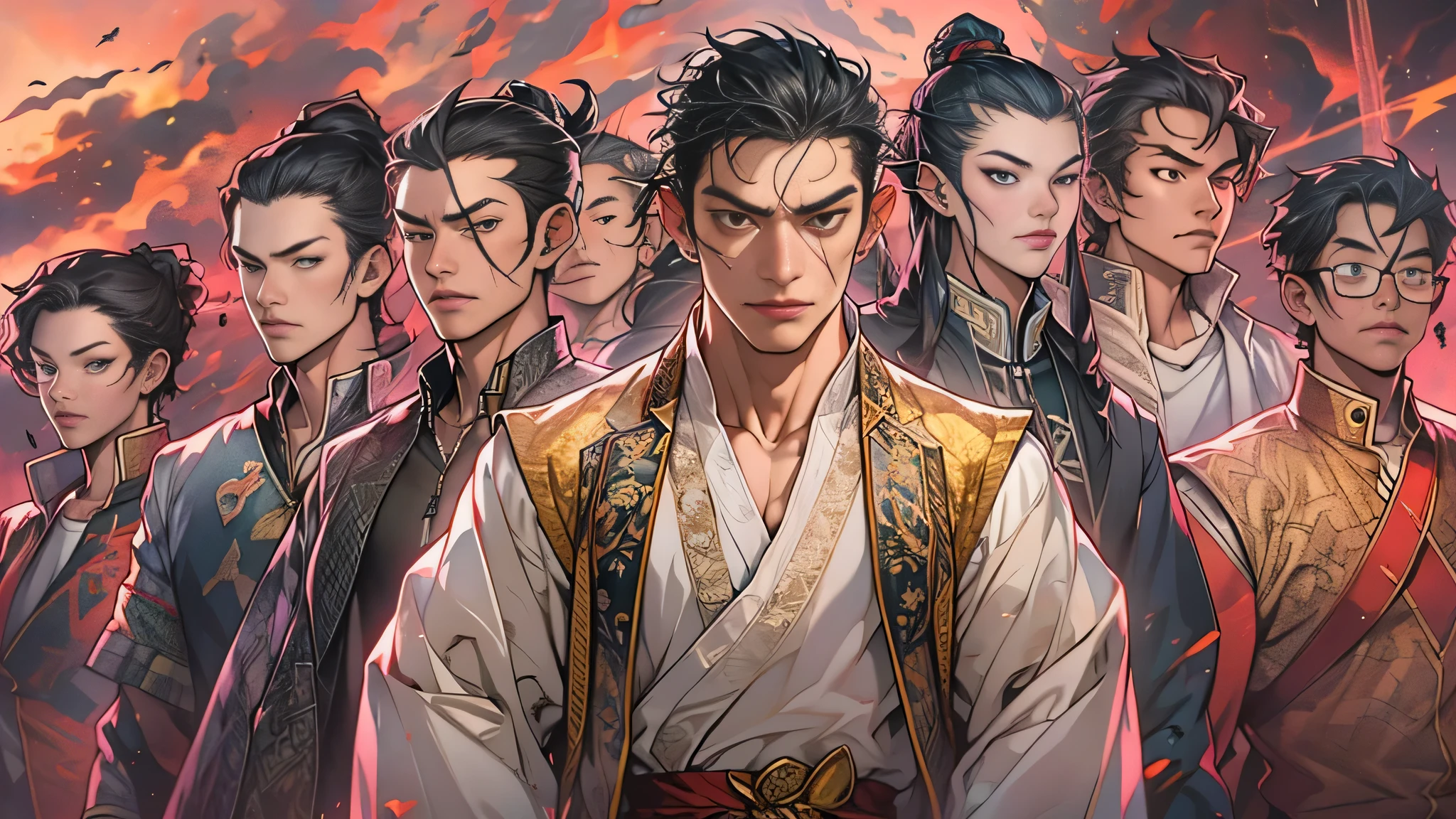 A group of young and energetic people gathered together.., With a strong aura emanating from them... among them, Li Gu stood tall and straight.., With a look of determination. Representatives of the eight major forces stood in the distance.., Looking at them with disgust., , 32k, best quality, Masterpiece, Superb details, Highly detailed