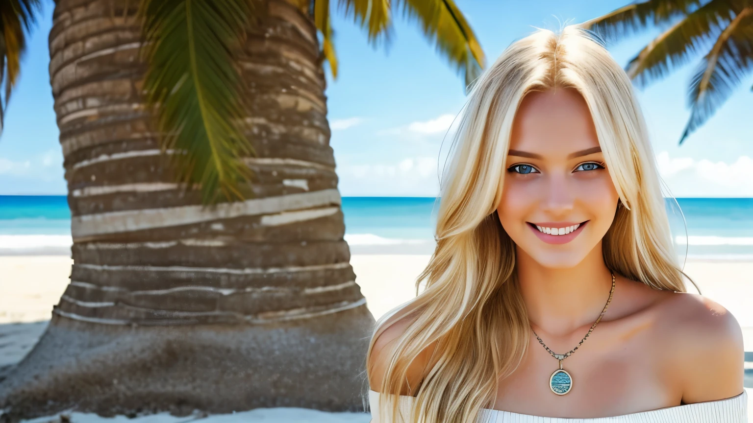 1 girl, Age 19, alone, long hair, huge breasts, looking at viewer, blonde hair, bare shoulders, Blue Eyes, blond hair, like a jewel, whole body, necklace, off shoulder, sweater, realistic, sexy, Beach, palm tree, bikini, smile, smile, smile