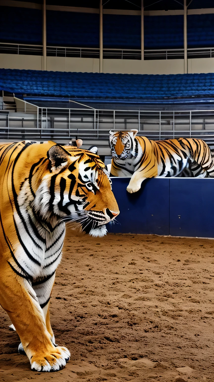 un homme blanc de 40 ans portant des vêtements modernes face à un tigre dans une arène