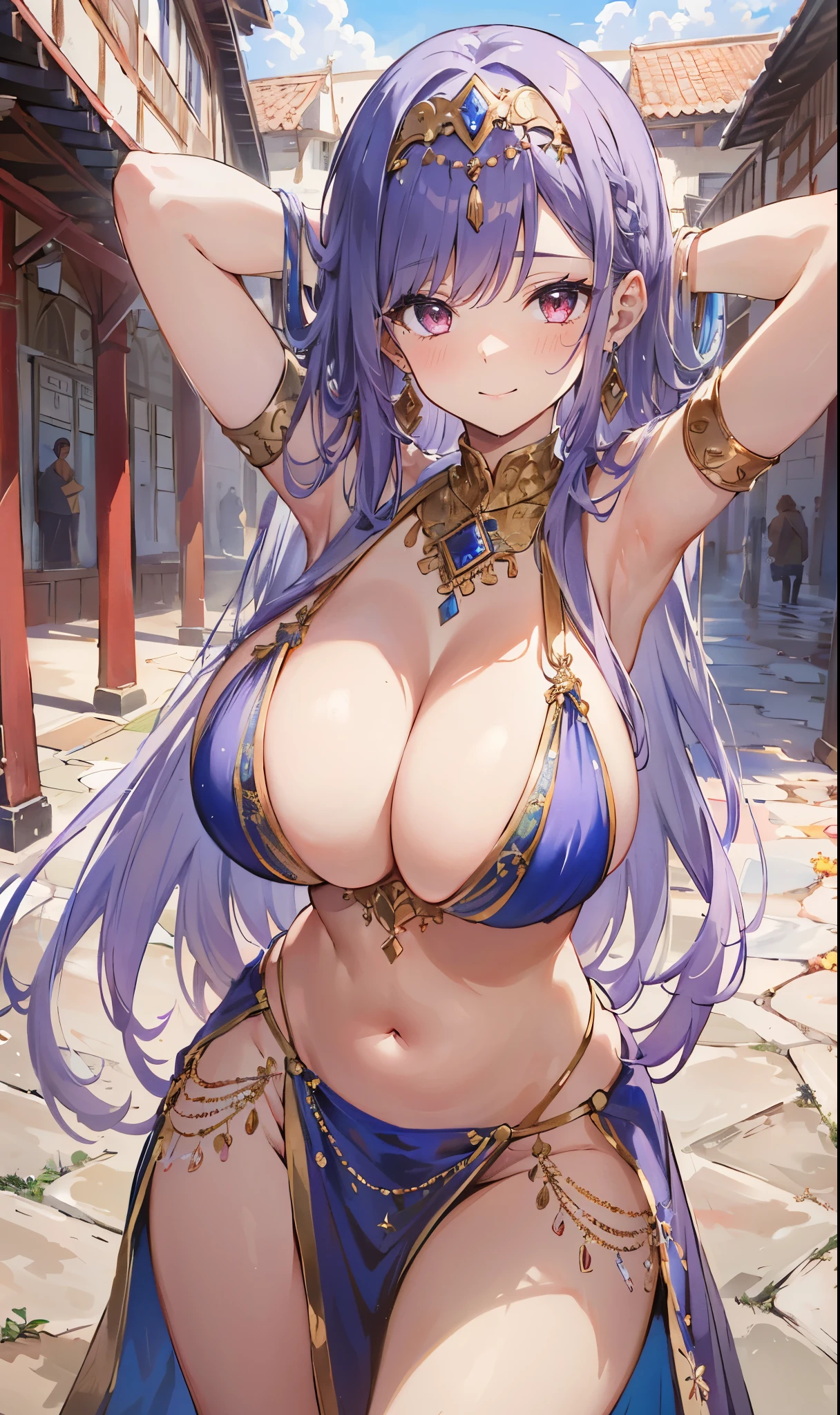 high quality, ultra detailed, best quality, insanely detailed, beautiful, masterpiece, 1girl, plaza, medieval Europe, cowboy shot, red eyes, long hair, light purple hair, (belly dancer, harem outfit, pelvic curtain:1.2), purple costume, bare legs, circlet, earrings, armlets, bracelets, bashful smile, dancing, large breasts, cleavage, soft stomach