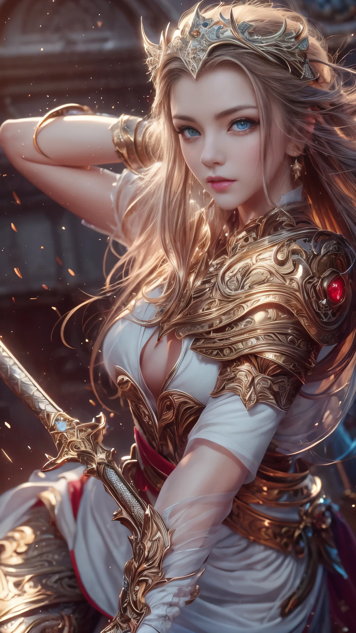 (RAW shooting:1.5, Photoreal, 8k:1.5, highest quality, masterpiece, ultra high resolution), medieval europe, world of magic and swords, perfect dynamic composition:1.2, Mysterious:1.3, Highly detailed skin and facial textures:1.3, cute and sexy slim female warrior, beautiful and aesthetic:1.2, cute and sexy beauty, perfect style, wear elaborate rings, Pose swinging a large sword, fire, water, Wind, thunder, ice, Fair skin, very beautiful face, (Medium chest, Chest gap), (embarrassing smile, The expression on your face when you feel intense caress, Facial expression when feeling pleasure), (sexy gold metallic armor:1.1, off shoulder, Navel exposure), (beautiful blue eyes, Eyes that feel beautiful eros:0.8), (Too erotic:0.9, Bewitching:0.9), full body shot, Ancient castle in the background