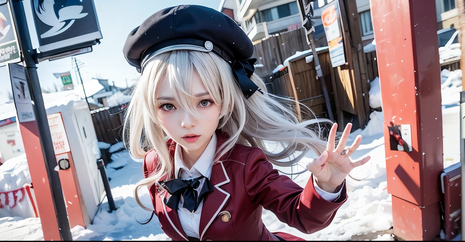 anime girl in a red school uniform blazer with black ribbon and black barrete hat standing in the snow, waving left hand, white hair, smiling, anime moe artstyle, girls frontline style, hajime yatate, from girls frontline, reisen udongein inaba, nyaruko-san, smooth anime cg art, kantai collection style, nagito komaeda, girls frontline cg, anime visual of a cute girl