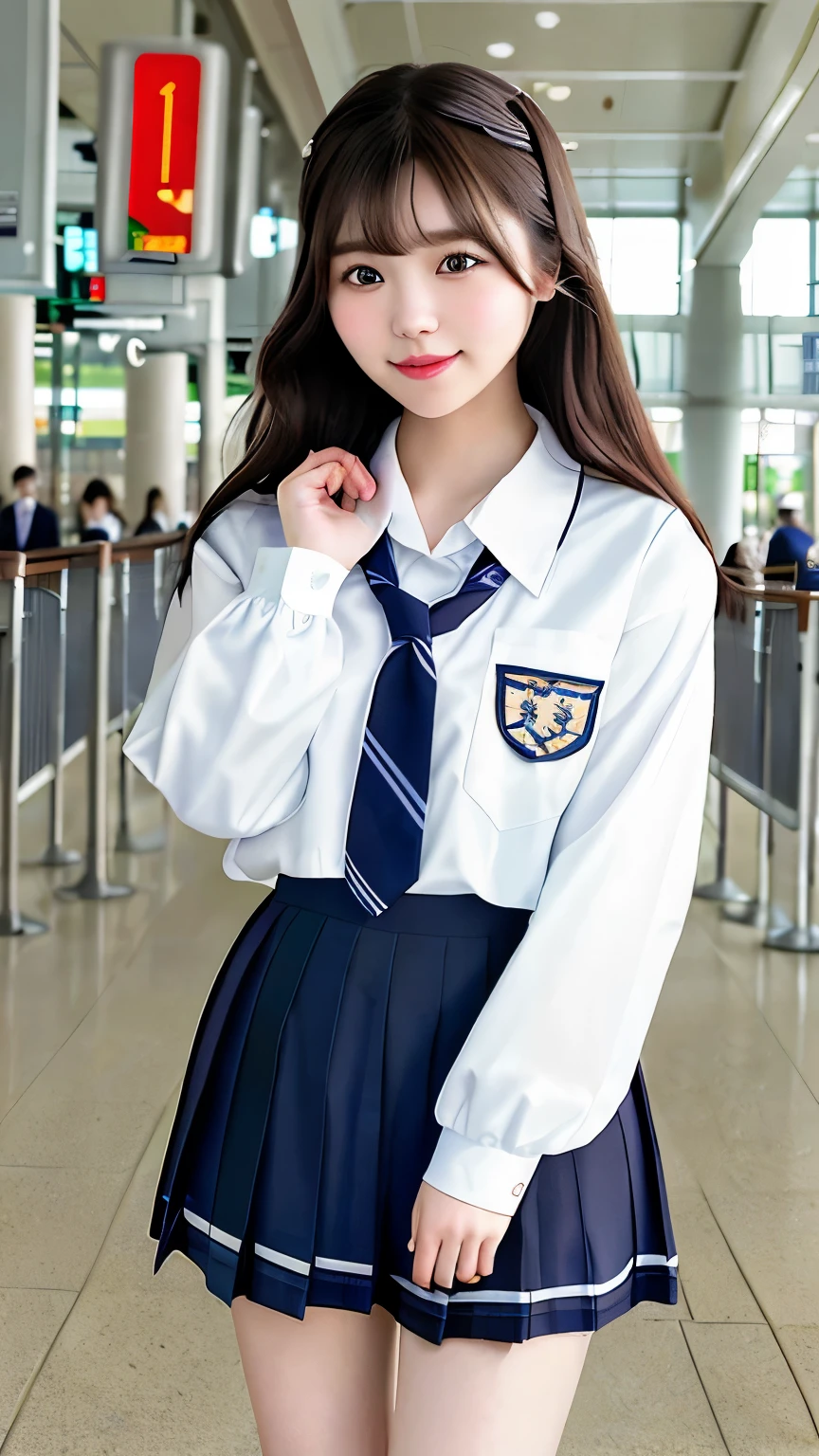 realistic pictures (1 cute korean star) crossed bangs, light makeup, medium chest size, smile a little, school uniform,high school uniform、 At the airport, throw, eye level shot, blurry, Hmm, masterpiece, High resolution, 16k