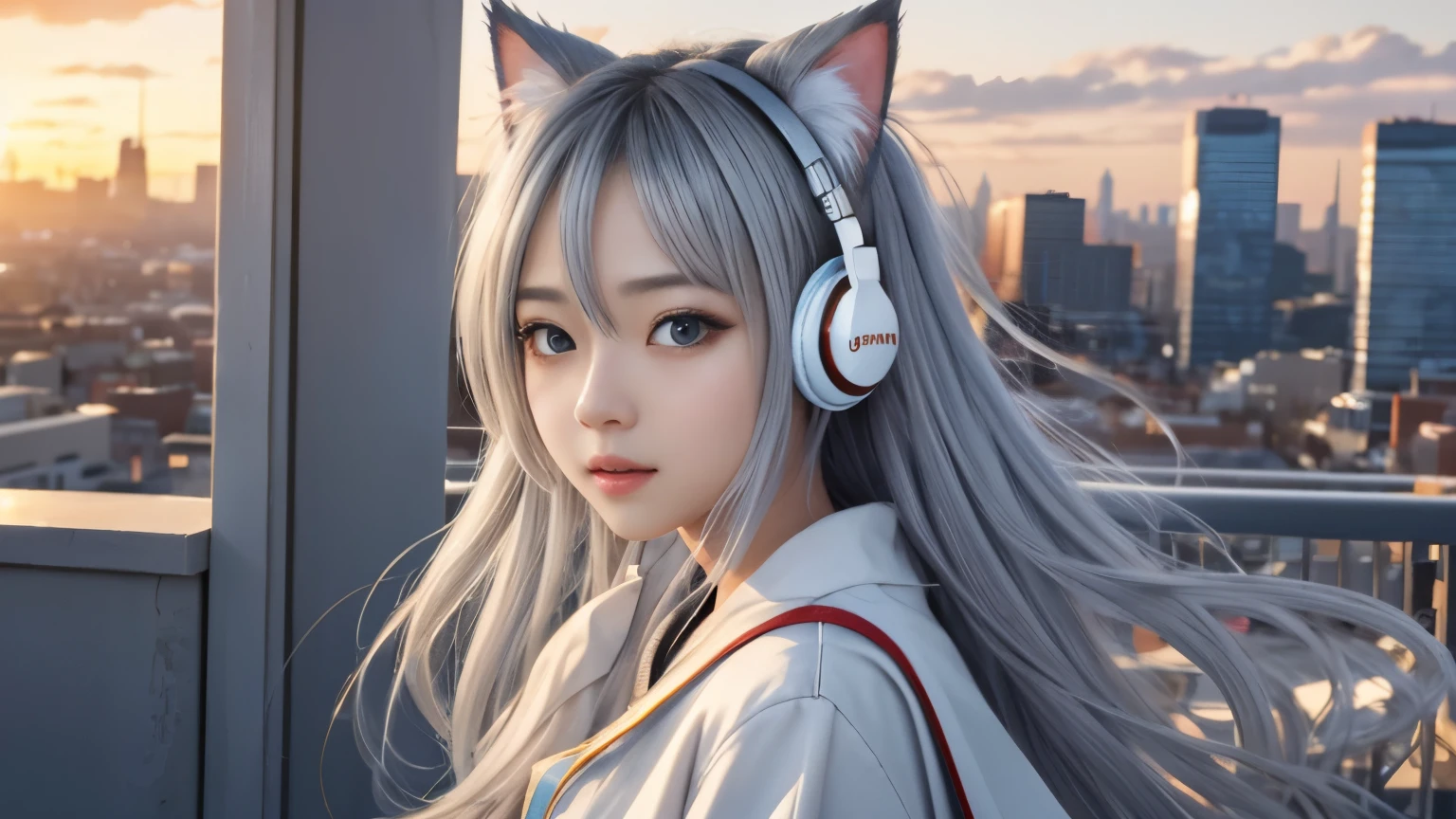 masterpiece, highest quality, movie stills, 1 girl, Cloud Girl, floating in the sky, close, bright, Happy, warm and soft lighting, sunset, (spark:0.7)、Cat ear、headphone、gray hair、17 year old girl、cute、Glamour、good style、laughter、Plump、good style、city、In town、shrine maiden、fortune teller、mature、silver hair、long hair、big eyes、double eyelid、
