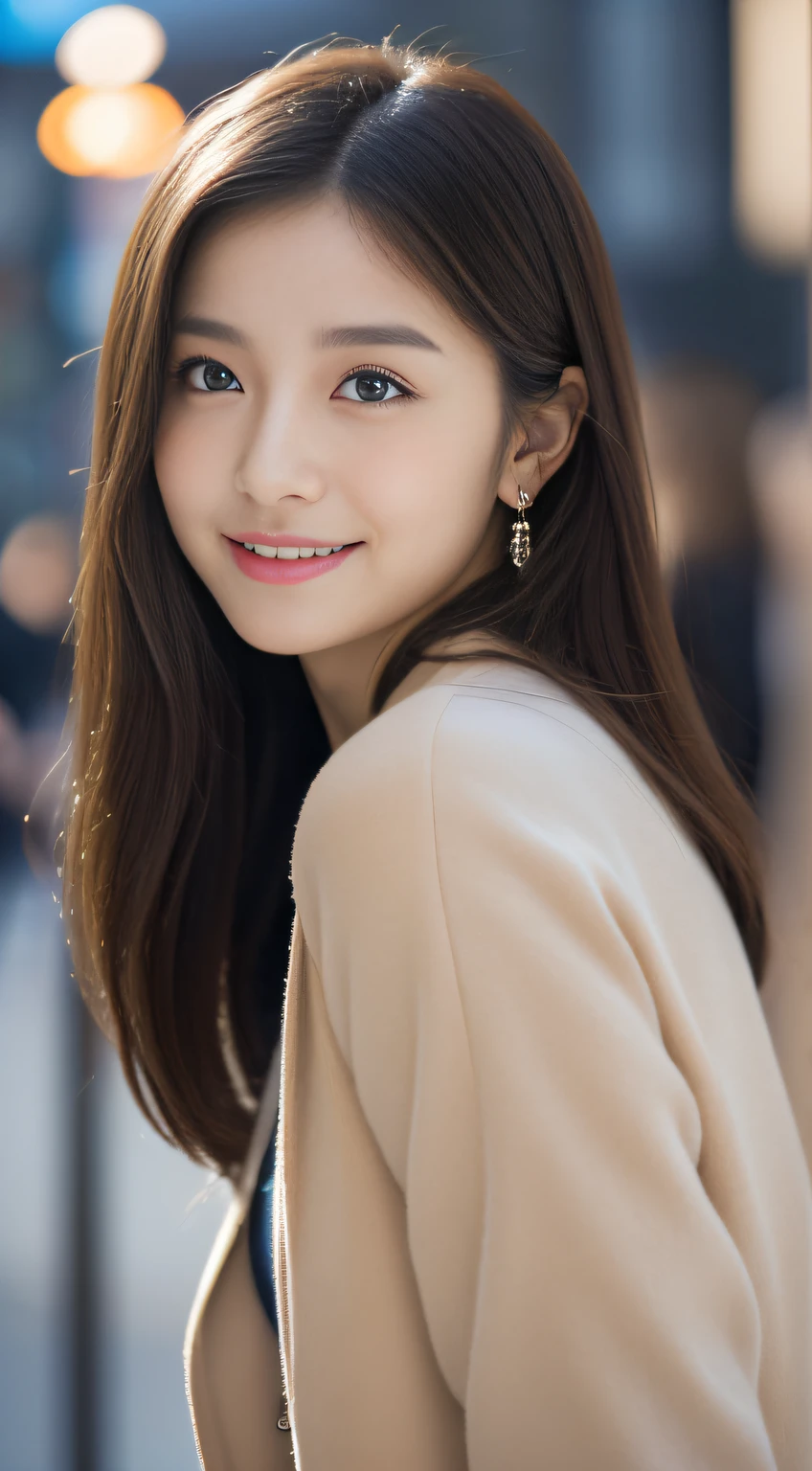 (((32K,very high res, high detailing, highly accurate,Masterpiece Girl 1))),Raw photo & realistic atmosphere,beautiful dark blue eyes,Detailed mouth,Glossy lips,Detailed eyebrows,Soft white skin that shines with every detail,,Eyes drawn in detail、Very beautiful eyes with azure eyes,Detailed lips、Very beautiful face,Very well-formed face、Lifelike face,shiny beautiful lips,Beautiful eyebrows,Infinite reality,Best design,（Insanely cute sober and modest Japan 22-year-old girl,,Toned body,thighs thighs thighs thighs,Slender legs,Beautifully shaped breasts,Very cute beautiful girl,：1.5）,Best Natural Makeup,Japanese ido,Korean Idols,Young sensual idol,Moist eyes,Dark beautiful eyes,Beautiful butt,beauty legs,,camel's foot,：1.3),超A high resolution、,Natural and realistic face,Back lighting,Pure eyes are too cute,(((photorealisim,Photograph the whole body))),,Reality Live Action,（simple earrings,Necklace Arm,Watches,Glossy nail art,,Girlish clothes,,Dress up your jacket elegantly and cutely,Blouse,Beautiful beautiful skirt,Modest and beautiful fashionable fashion,Light brown perm medium hair,solo, Kool,,Smile faintly,Full body Esbian or a little chubby：1.7）,Night in Shinjuku（Turned：1.5