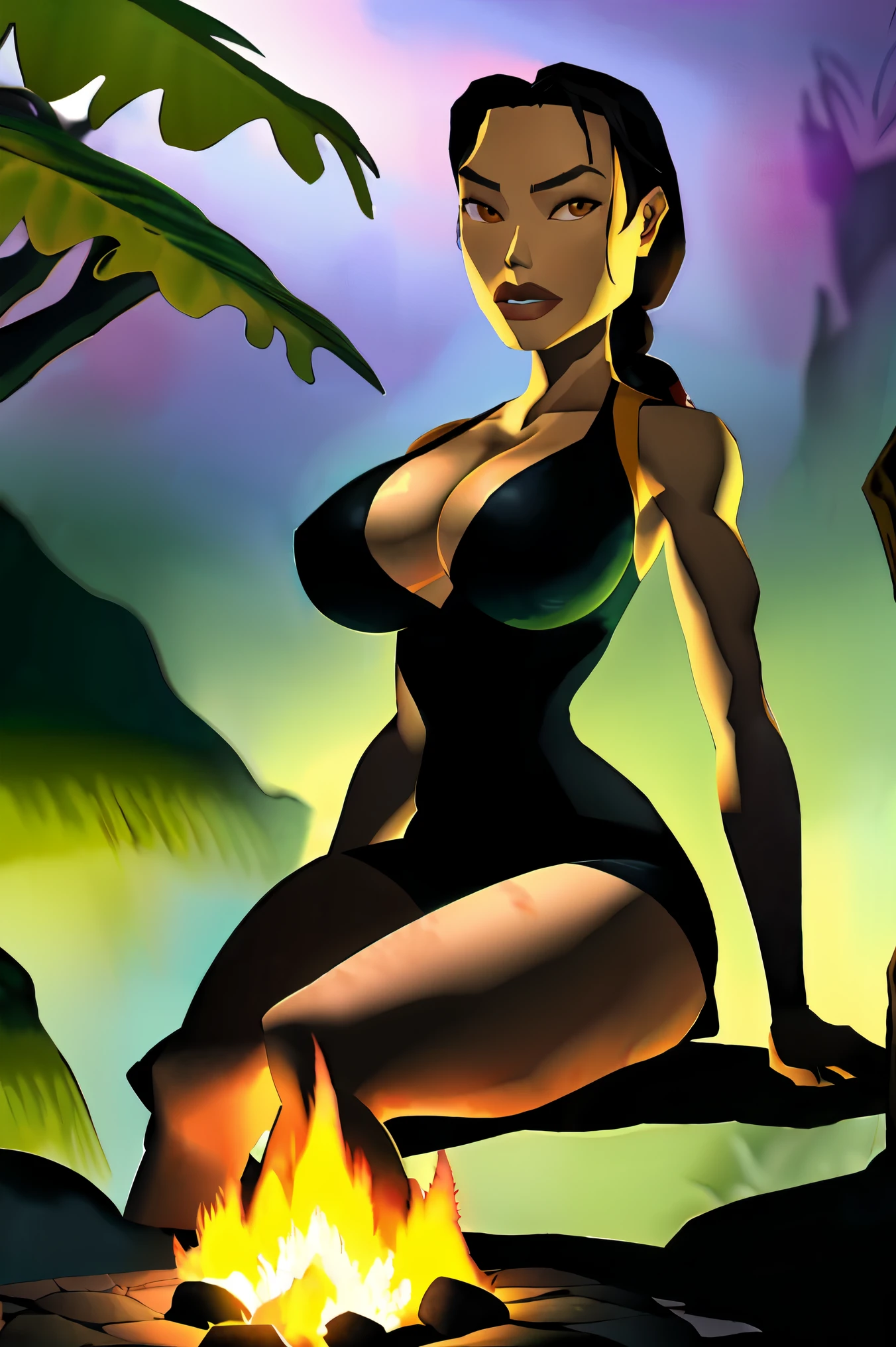 Lara Croft, black hair, hyperrealistic wet skin, huge breasts, showing cleavage, skindentation, sitting before a campfire at night, jungle background, fantasy art, watercolor anime comic illustration