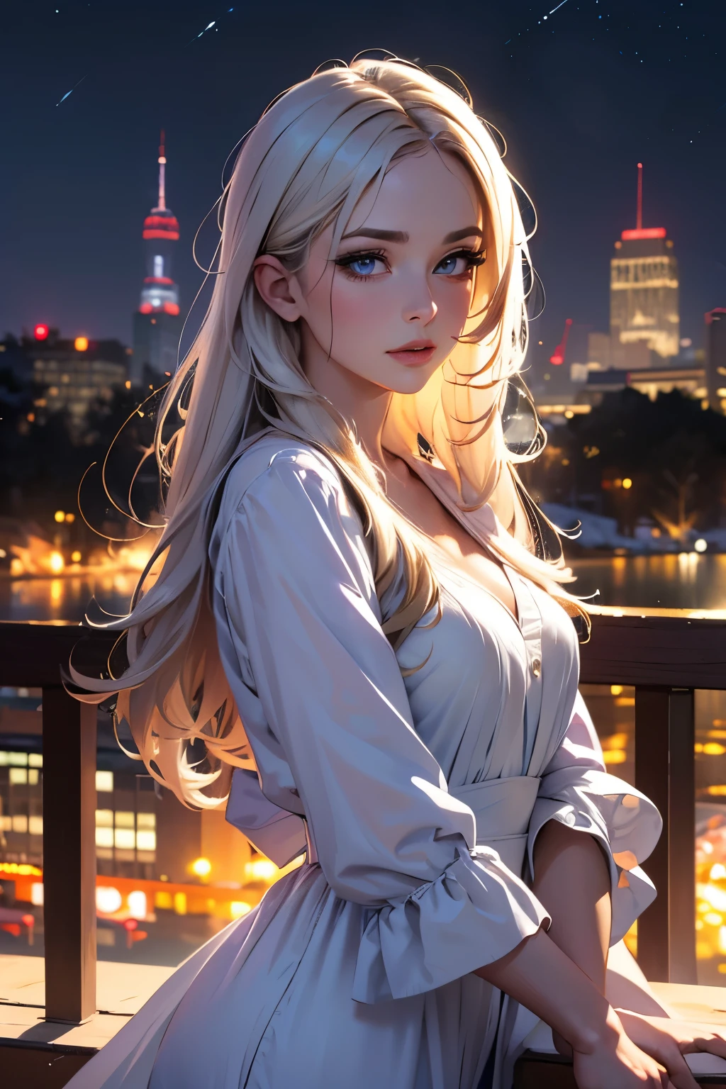 (best quality, highres, realistic:1.37),HDR,UHD,ultra-fine painting,sharp focus,physically-based rendering,professional,vivid colors,bokeh, studio lighting, 1girl, long white hair, beautiful detailed eyes, beautiful detailed lips, long eyelashes, flying, city, stars, night dress