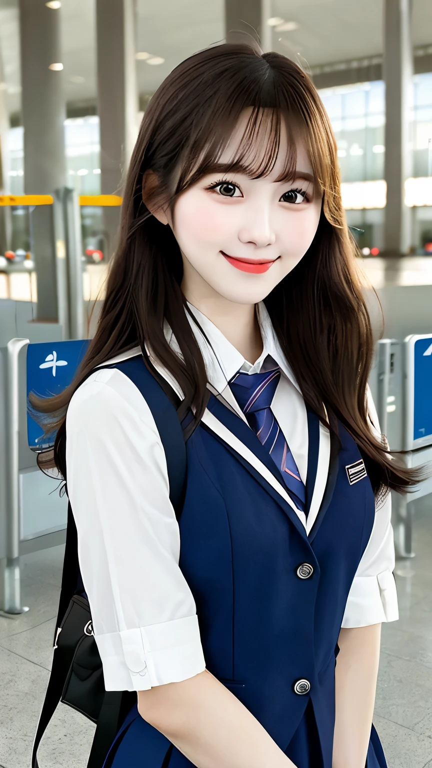 realistic pictures (1 cute korean star) crossed bangs, light makeup, medium chest size, smile a little, school uniform,high school uniform、 At the airport, throw, eye level shot, blurry, Hmm, masterpiece, High resolution, 16k