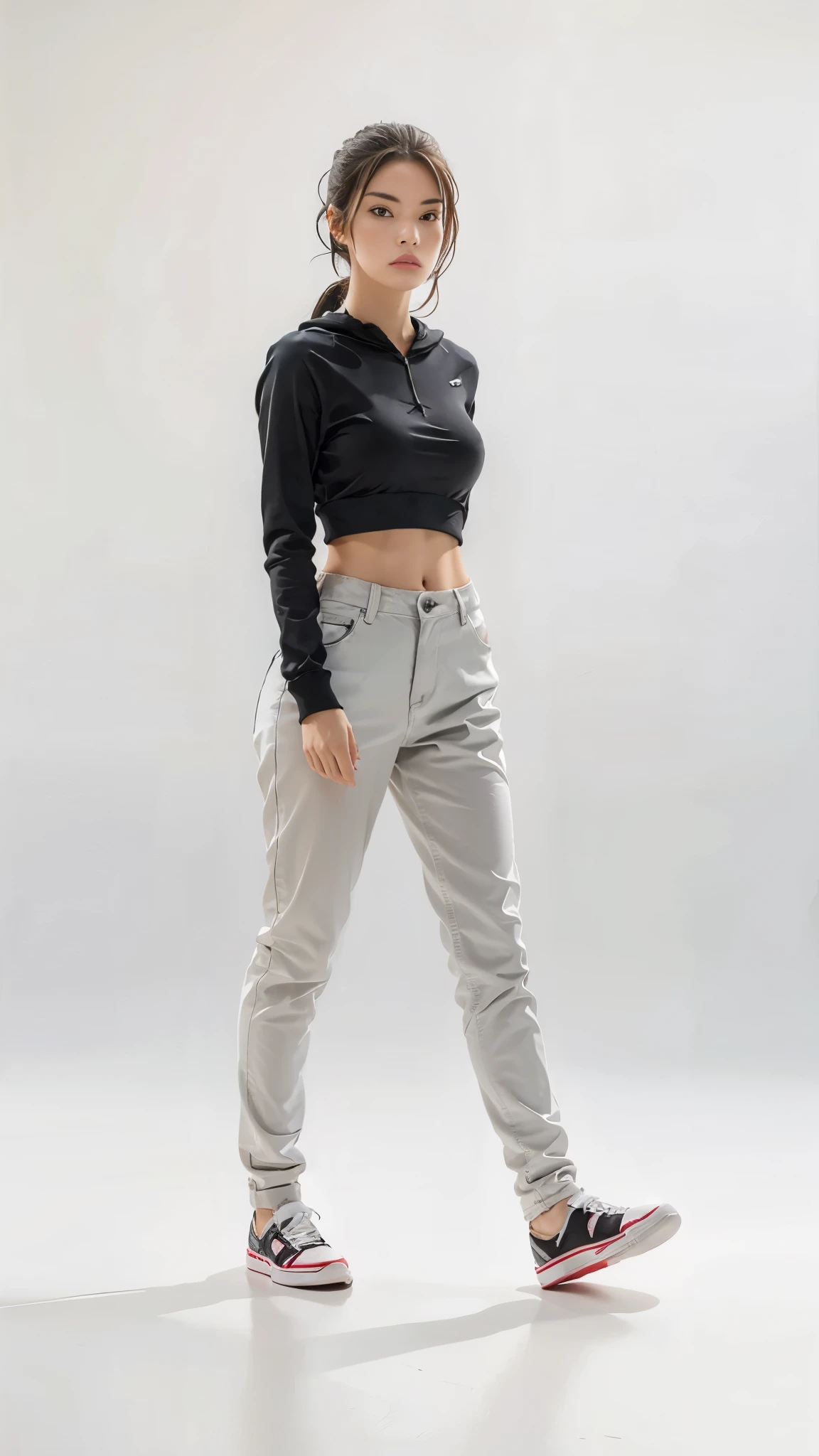 16K, Masterpiece, photorealism, A girl walks to her full height, a girl with dark long hair, a girl dressed in a white top, light jeans, white sneakers, white background,