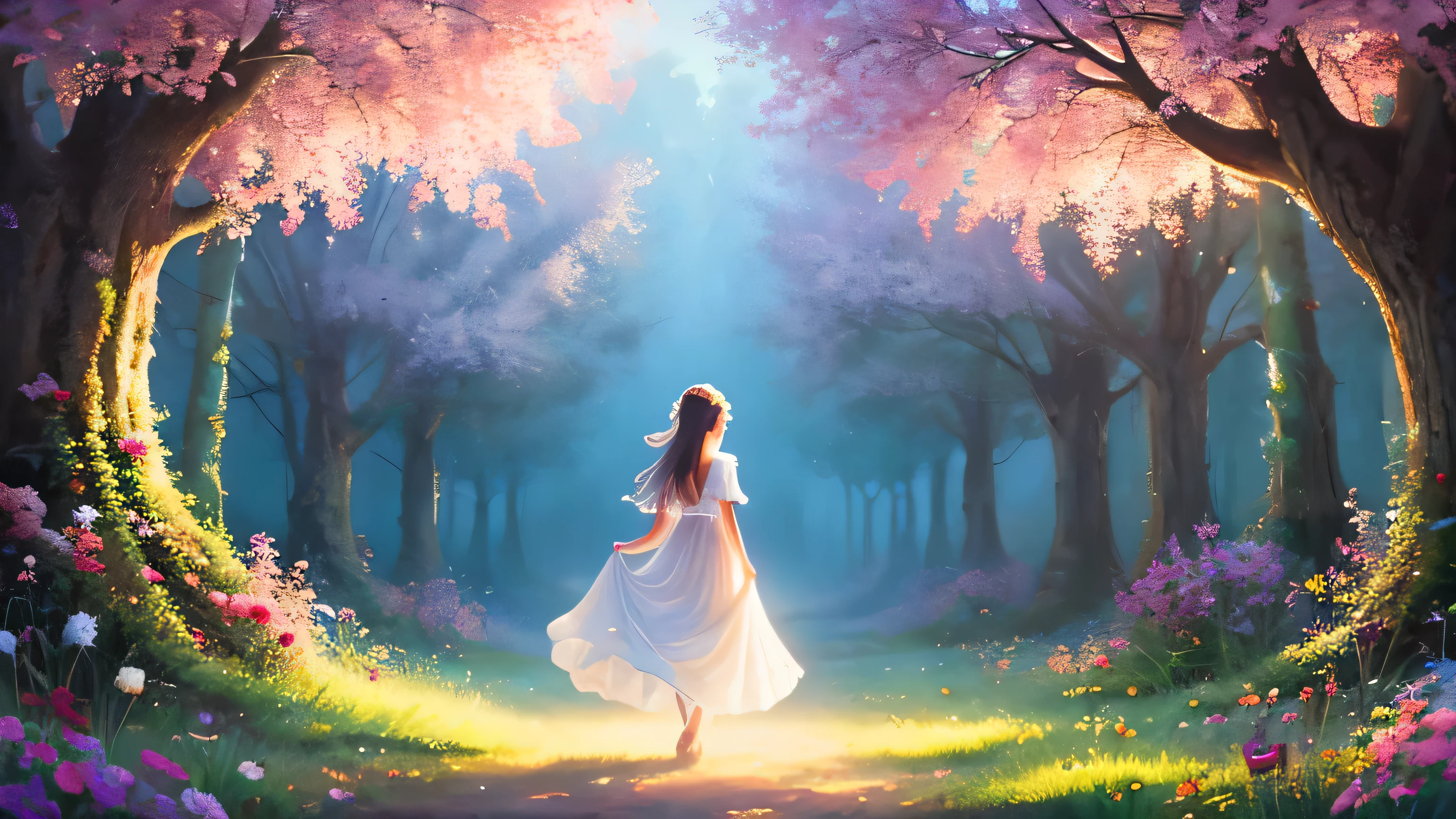 Draw a picture of a girl wearing a white dress, standing under a tree, goddess of summer, wonderful summer flower mood, dreamy digital painting, magical colors and atmosphere, Immerse yourself in a dream-like feeling, Fairytale landscapes, magical colors and atmosphere, melancholic light, fantasy art, enchanted forest