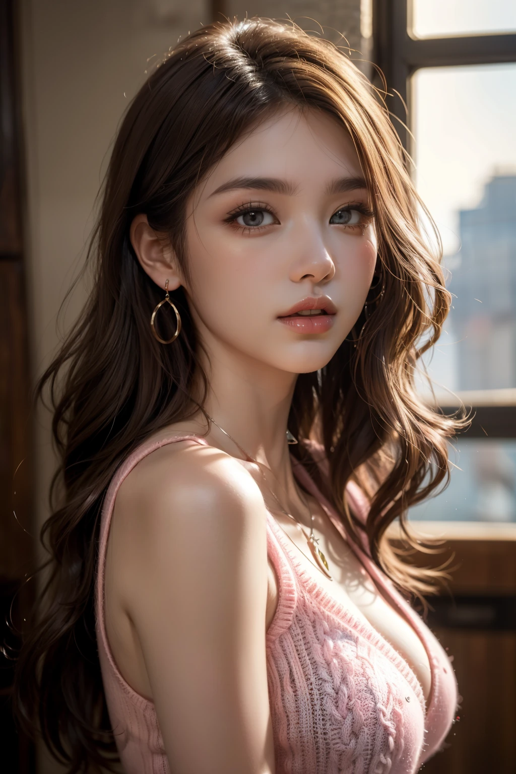 Female((30-years old)), hair((long, Wavy, brown)), Eyes((Smart Eyes, hazelnut)), Clothes((Nursing clothes, Light purple, Purple)), shock, Hair ornaments, flower hairpin, Diamond necklace, earrings, Colossal tits, Street, Smiling, cleavage, Open mouth,