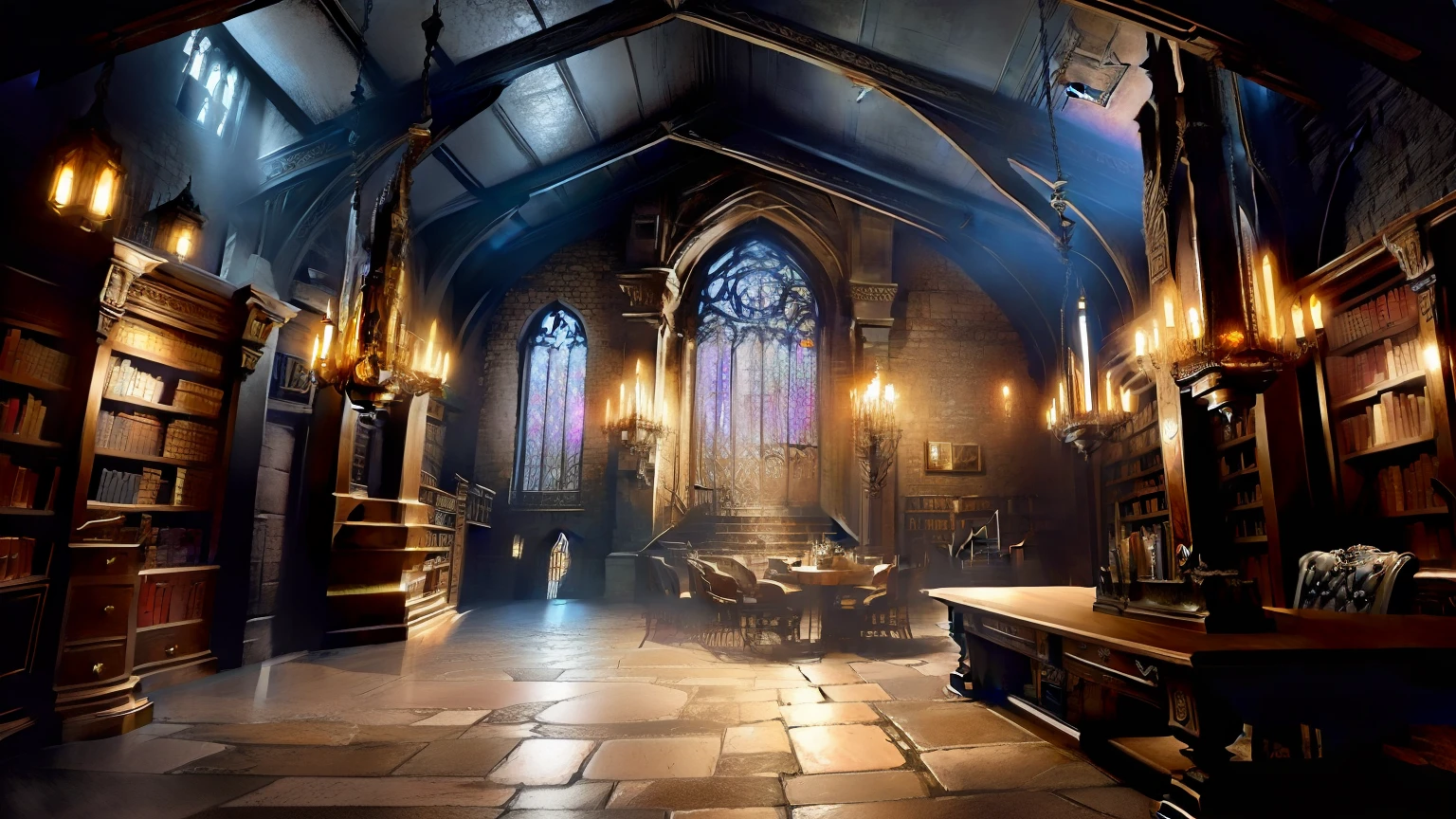 A large clock tower in a dark room with a stone floor, library of gothic epics, steampunk setting, steampunk aesthetic, library of gothic epics concept, steampunk fantasy style, Steampunk themed image, Gorgeous cyberpunk interior, steampunk fantasy, gothic library, fantasy alchemist's laboratory, Aesthetics of Dark Academia, steampunk concept art, digital steampunk art, Set in a steampunk world, alchemist library background, steampunk novel