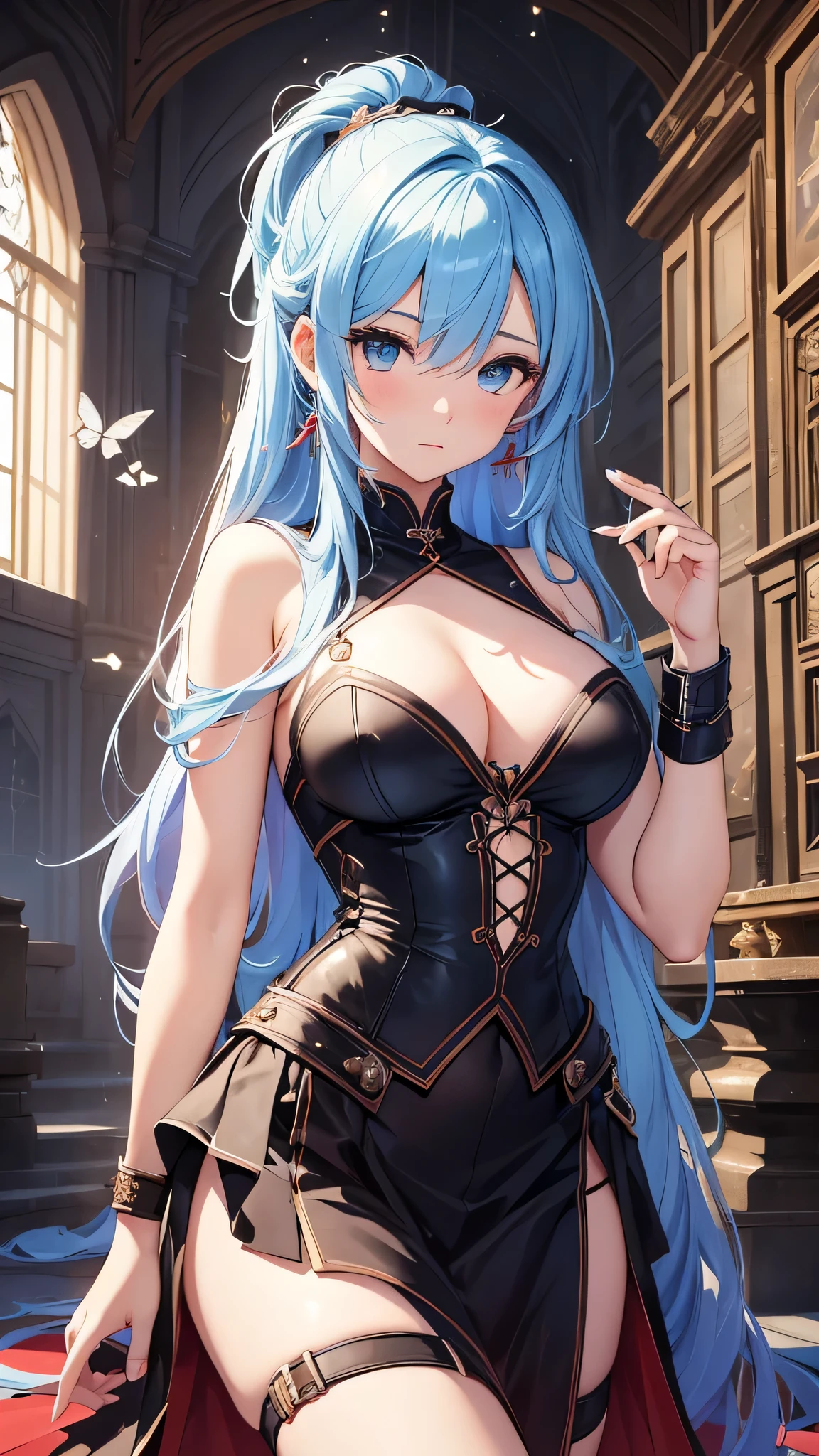 最high quality、best image quality、masterpiece、girl((20-year-old、 By becoming、vest bust、medium bust,wide open breast tea、shining eyes, light blue hair、long hair、thin,highest valley、ponytail、action of looking up、bandage、black dress、long skirt、Rear view、emphasize the buttocks,surprised face、mid-waist)),high quality、beautiful art、background((Gorgeous castle、red rain falls))、Flight、debris flies、Depth of written boundary、movie、visual art、perfect art、8k,genuine、