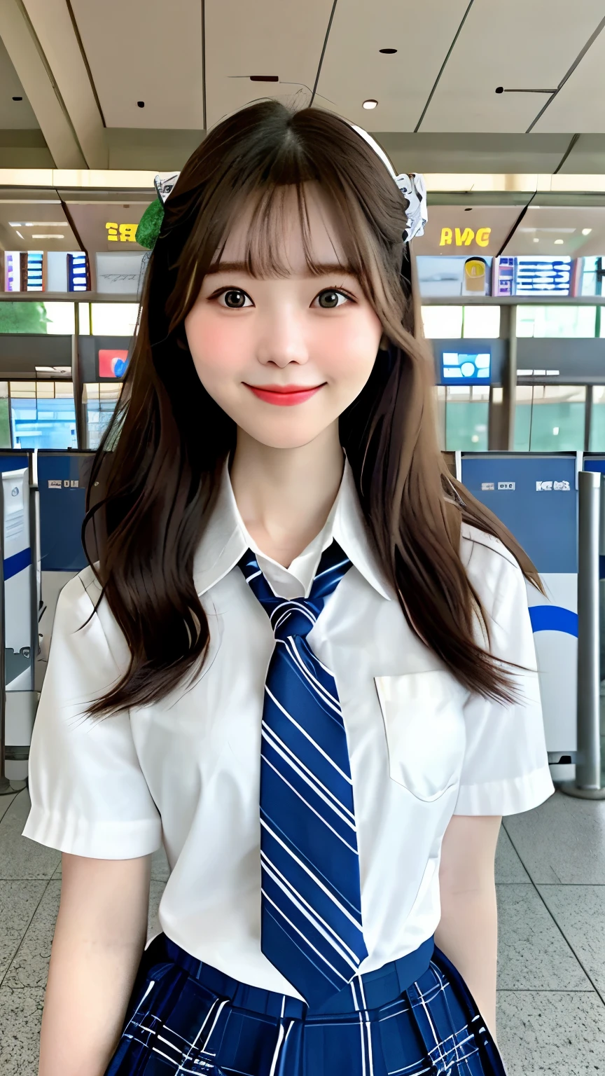 realistic pictures (1 cute korean star) crossed bangs, light makeup, medium chest size, smile a little, school uniform,high school uniform、 At the airport, throw, eye level shot, blurry, Hmm, masterpiece, High resolution, 16k