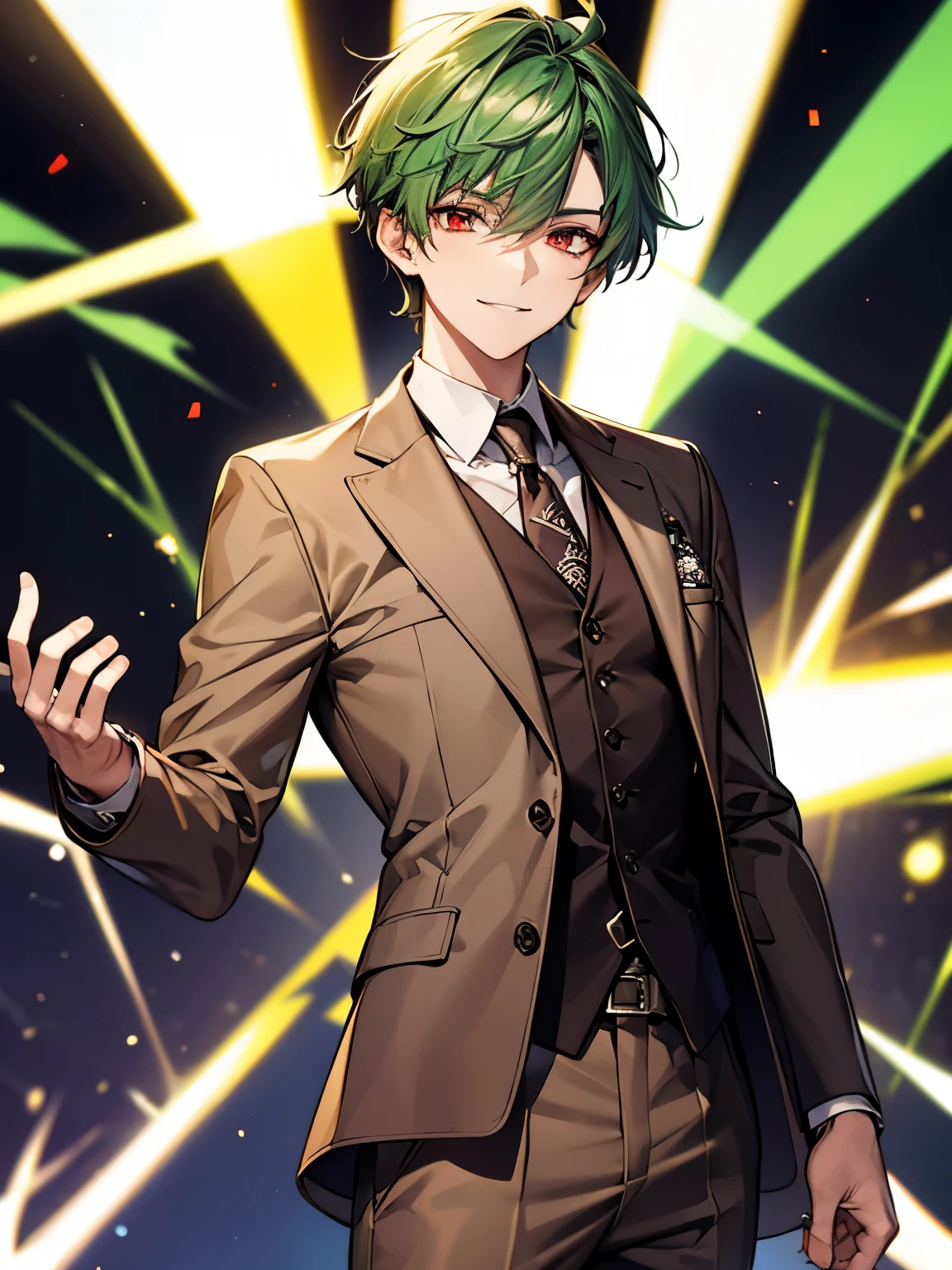 green hair, red eyes, mysterious, cool, male, short hair, teenager, deceiving smile, on stage, holding a mic, light brown suit