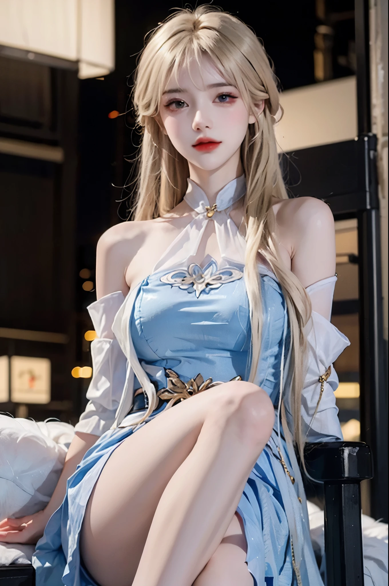 yinziping,china dress, INS Girls, (Surrealism+pure), Exquisite and beautiful eyes, ((knee shot)), ((from below)), high contrast, HD picture quality, dynamic tilt, Flare effect, realistic details, official art, masterpiece, Unity 8k桌布, Super detailed, 美丽的masterpiece, top quality, glowing skin, movie lighting, sweet and cute, Long brownish-yellow hair, curls, warm color palette, Extremely high color saturation, night, street photography