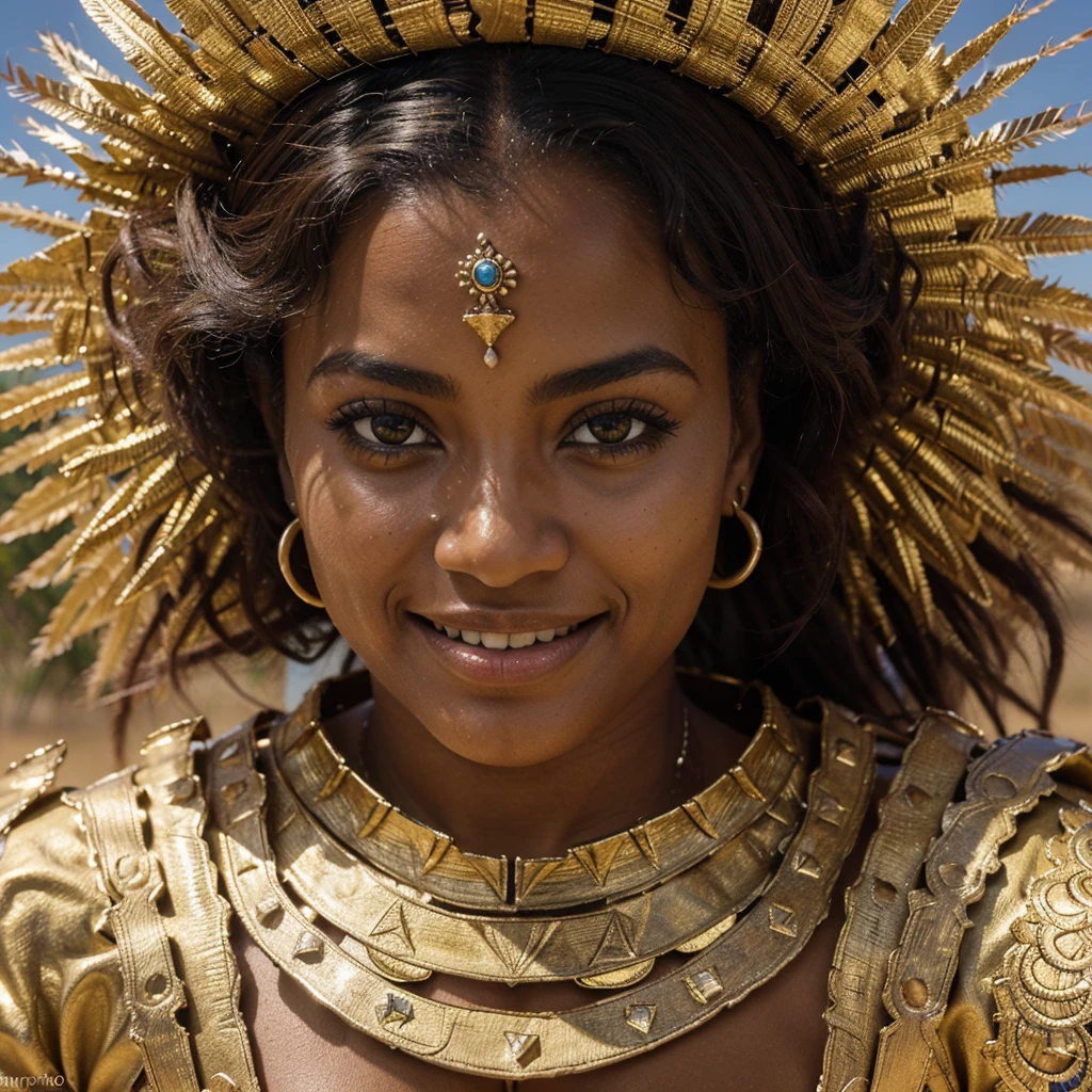 Uma guerreira africana, carved in beauty and strength, smiles determinedly at the camera, seus olhos refletindo a sabedoria ancestral de seu povo. Dressed in battle regalia adorned with sacred symbols and vibrant colors, she radiates a majestic presence. Ao fundo, the vastness of the African savannah stretches, silent witness to your bravery and grace