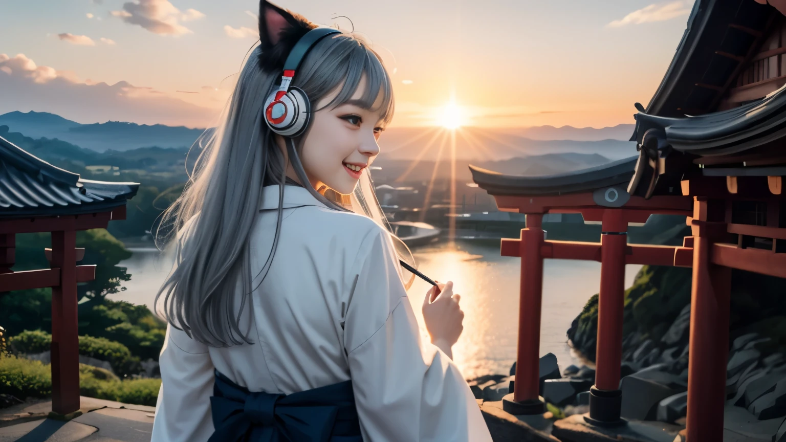 masterpiece, highest quality, movie stills, 1 girl, Cloud Girl, floating in the sky, close, bright, Happy, warm and soft lighting, sunset, (spark:0.7)、Cat ear、headphone、gray hair、17 year old girl、cute、Glamour、good style、laughter、Plump、good style、shrine、torii、In town、shrine maiden、fortune teller、mature、silver hair、long hair、big eyes、double eyelid、whole body、back view、