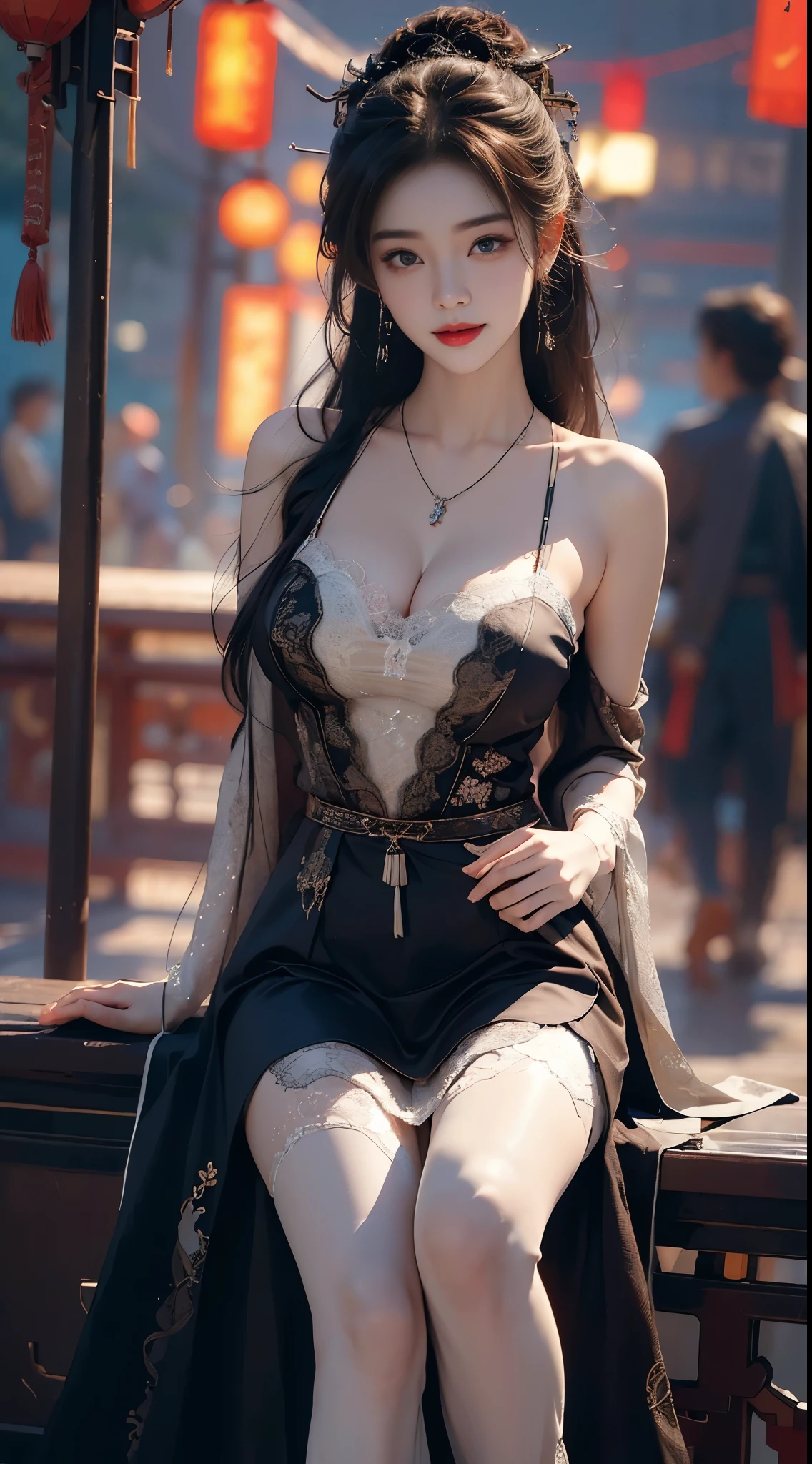 gufeng,bare shoulders, ((knee shot)), 8k, masterpiece, original photo, best quality, detail:1.2), ((Shot at random angles)), lifelike, Extremely detailed CG unified 8k wallpapers, depth of field, movie light, lens flare, Ray tracing, (extremely beautiful face, beautiful lips, beautiful eyes), intricate detail face, ((ultra detailed skin)) 1 girl, in the darkness, deep shadow, beautiful korean girl, kpop idol,(Very slim figure:1.3), plump breasts, (bright smile), (City night, (neon lights), (night), beautiful korean girl, white diamond earrings, diameter bracelet, Dia Necklace, pantyhose, clear eyes, Walk, (big eyes), ((lace))