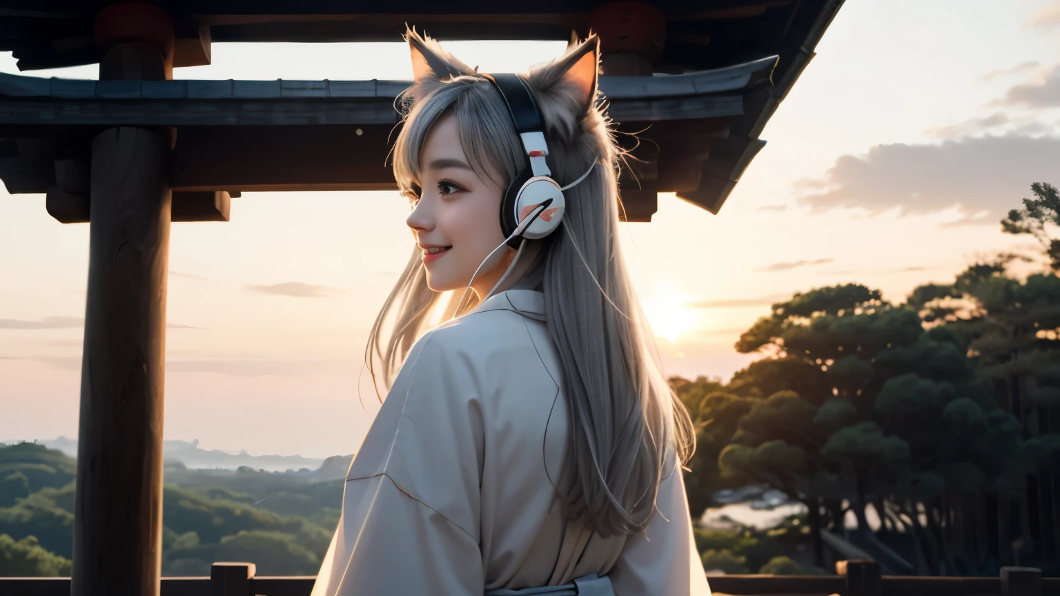 masterpiece, highest quality, movie stills, 1 girl, Cloud Girl, floating in the sky, close, bright, Happy, warm and soft lighting, sunset, (spark:0.7)、Cat ear、headphone、gray hair、17 year old girl、cute、Glamour、good style、laughter、Plump、good style、shrine、torii、In town、shrine maiden、fortune teller、mature、silver hair、long hair、big eyes、double eyelid、whole body、back view、