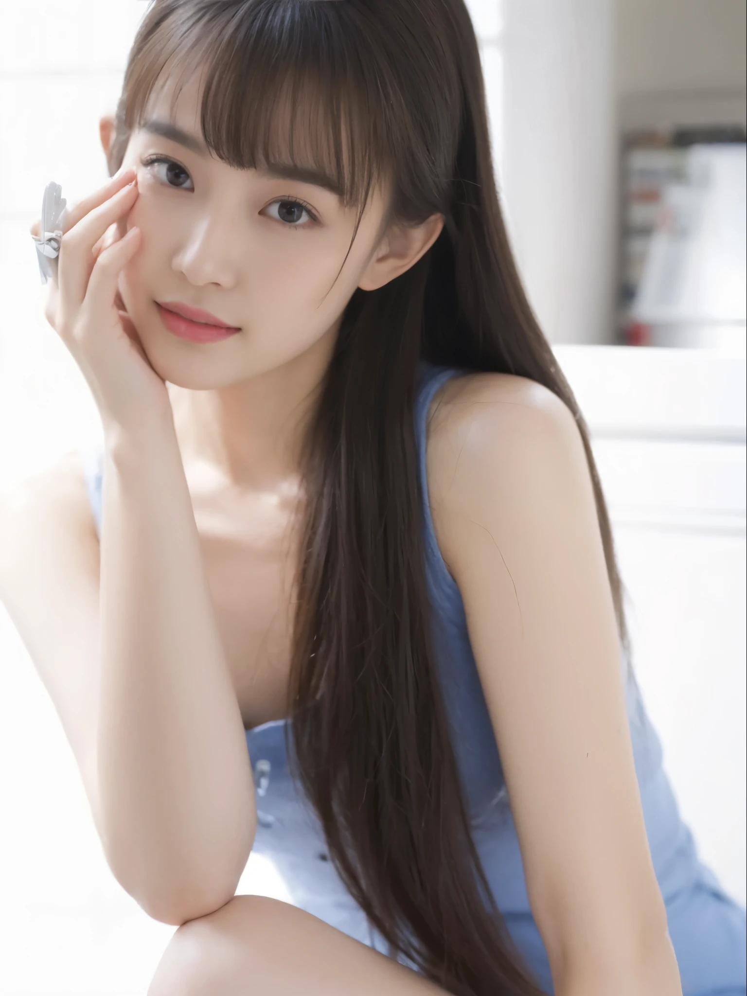 ((​Masterpiece, Top image quality, high resolution、alone、skin shiny))(on the table, best quality, actual, super detailed, meticulous, high resolution, 8k wallpaper), Close-up portrait of a beautiful woman, like, smiling, light brown messy hair, Perfect dynamic composition, 美丽meticulous的眼睛, Just like the cover of a fashion magazine, on campus，Gorgeous costumes，hot stamping clothing，