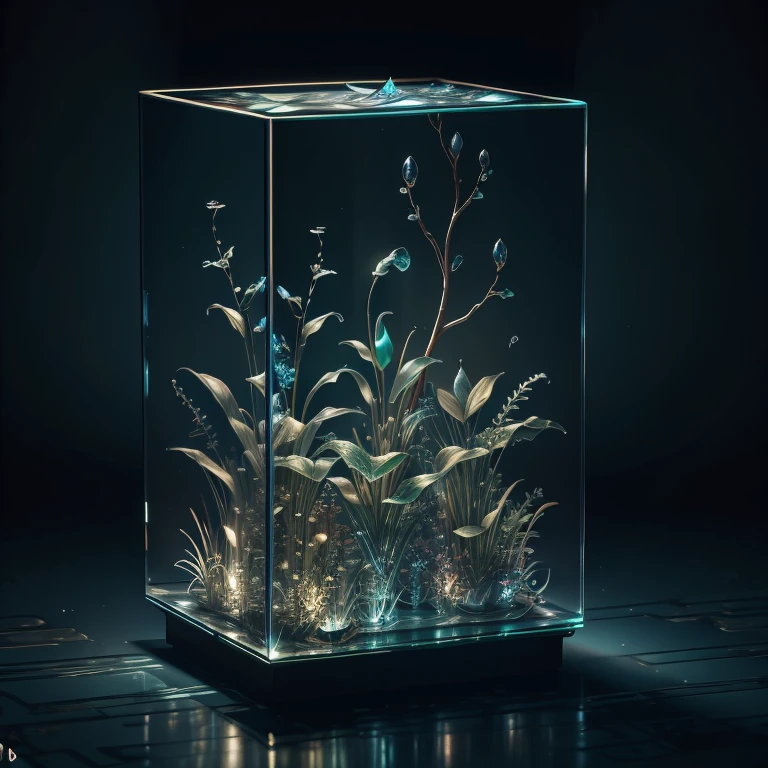 masterpiece of glass sculpture with plants inside, water, glowing, fantasy, high quality, high detail, best quality, rtx, 4k, 8k,