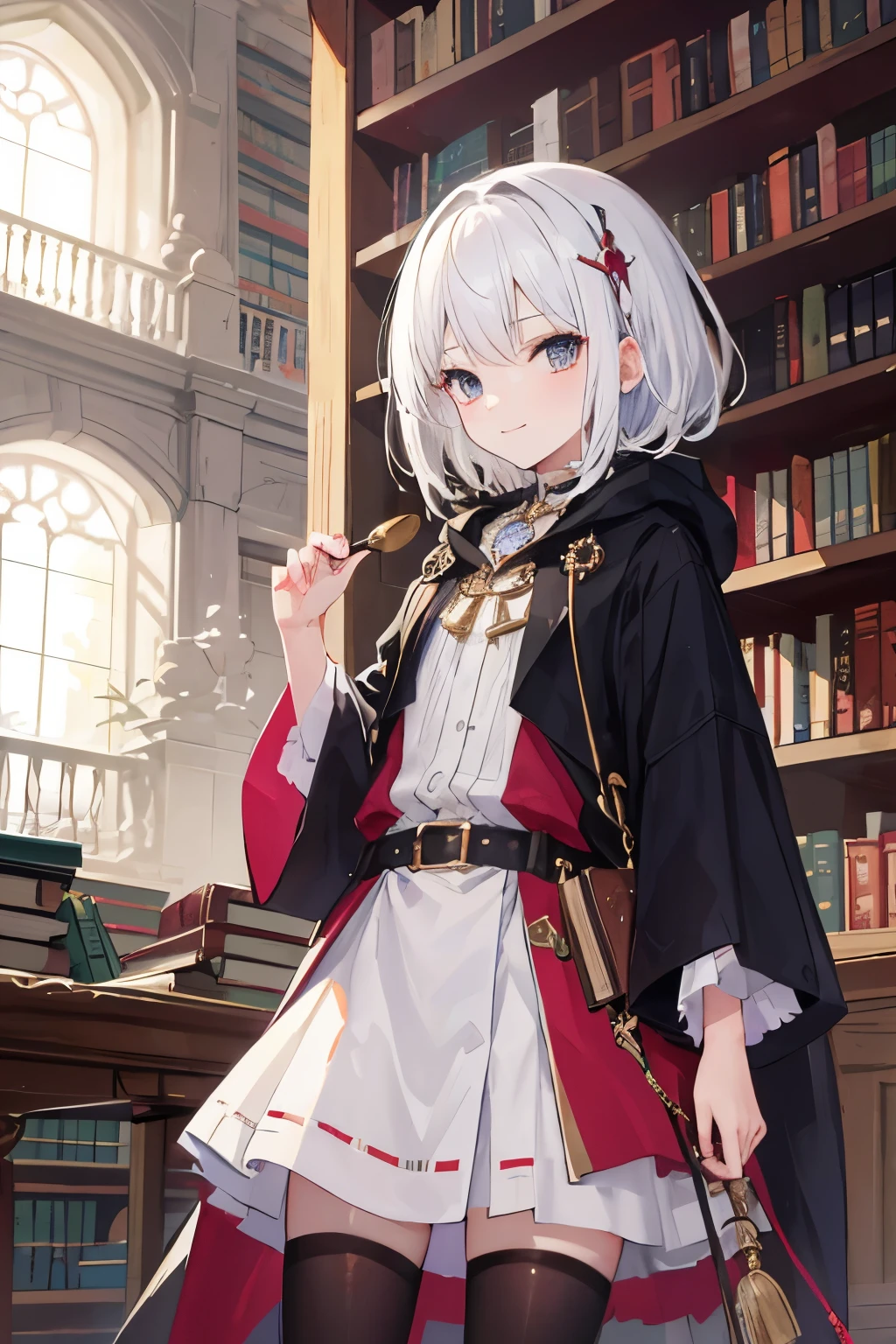 ((best quality)), ((masterpiece)), (detailed) 1girl, white hair, skirt mage, mage outift, casting magic, library background, small smile, short girl