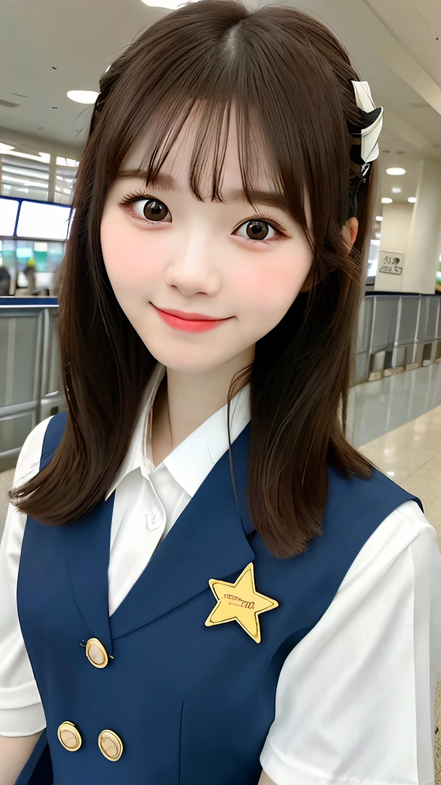 realistic pictures (1 cute korean star) crossed bangs, light makeup, medium chest size, smile a little, school uniform,high school uniform、 At the airport, throw, eye level shot, blurry, Hmm, masterpiece, High resolution, 16k