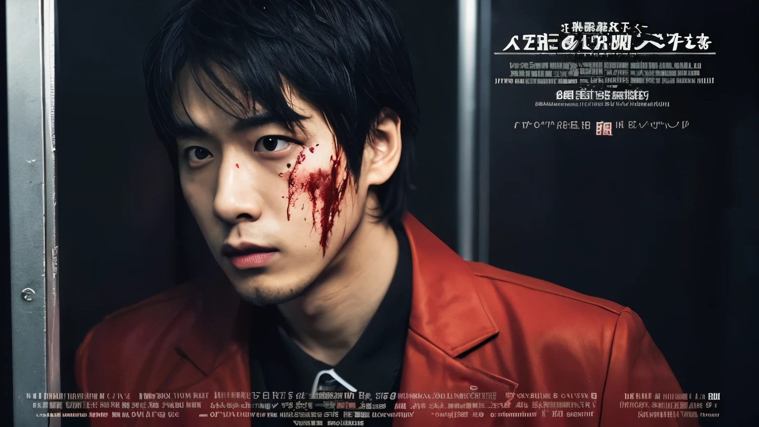 red coat,bloody,black dress shirt,27 year old Japanese male,expensive、expensive品質,With bangs,natural mash hair,black haired japanese man,highest quality,beautiful young man,men's gravure,male gravure,Good looking,male gravure,bloody white tile background,A scene from a horror movie,scared,Movie Poster Photo,One knot in the back of the hair,dark,hold a knife,blood droplets,