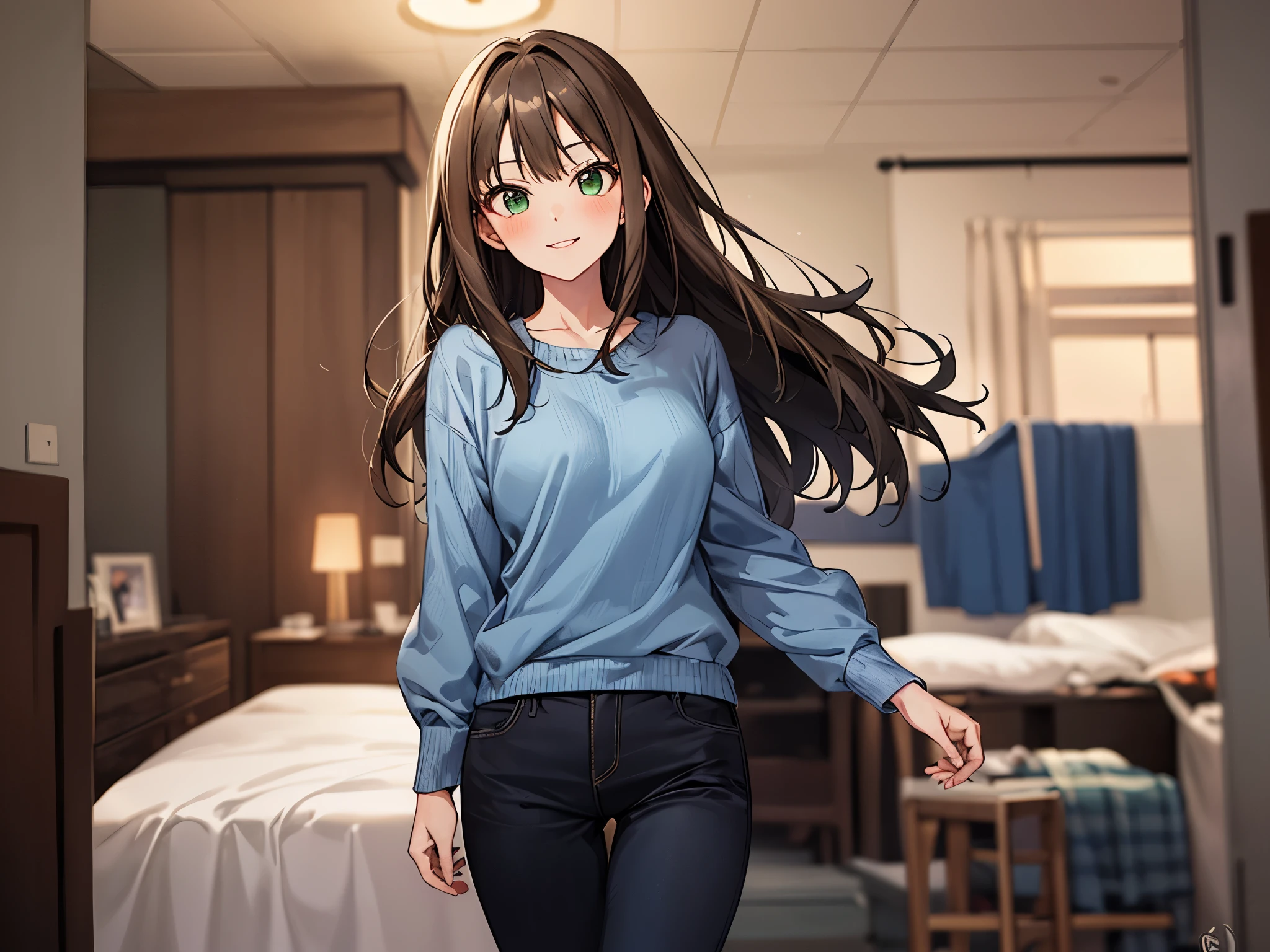 Rin Shibuya、1 girl, mature woman, green eyes、black long hair、casual clothes、blue sweater、long pants、smile gently、bow, highest quality, hire, detailed face, along the coast、 home bedroom、 detailed background, Depth of written boundary, Bokeh