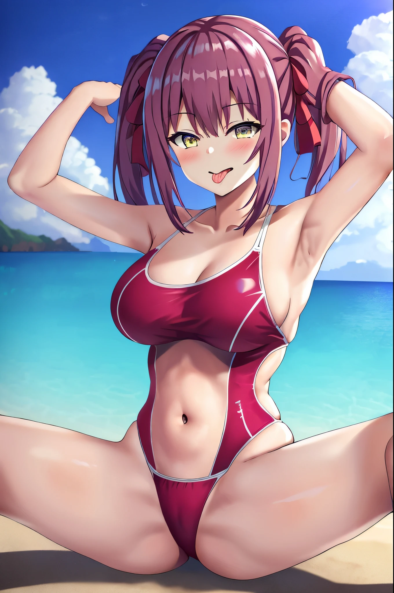 masterpiece, best quality, highres, 1girl, amasawa ichika, solo, 1girl, swimsuit, red_one-piece_swimsuit, she wear only swimsuit, navel, purple_hair, yellow eyes, outdoors, tongue, armpits, tongue_out, beach, big breasts, red slingshot_swimsuit, medium_hair twintail, blush, areola_slip, day, sitting, wet, ocean, ahegao, sky, thighs, water, blue_eyes, arms_up, open_mouth, spread_legs, blue_sky, bangs, red one-piece_swimsuit, cloud, arms_behind_head, collarbone