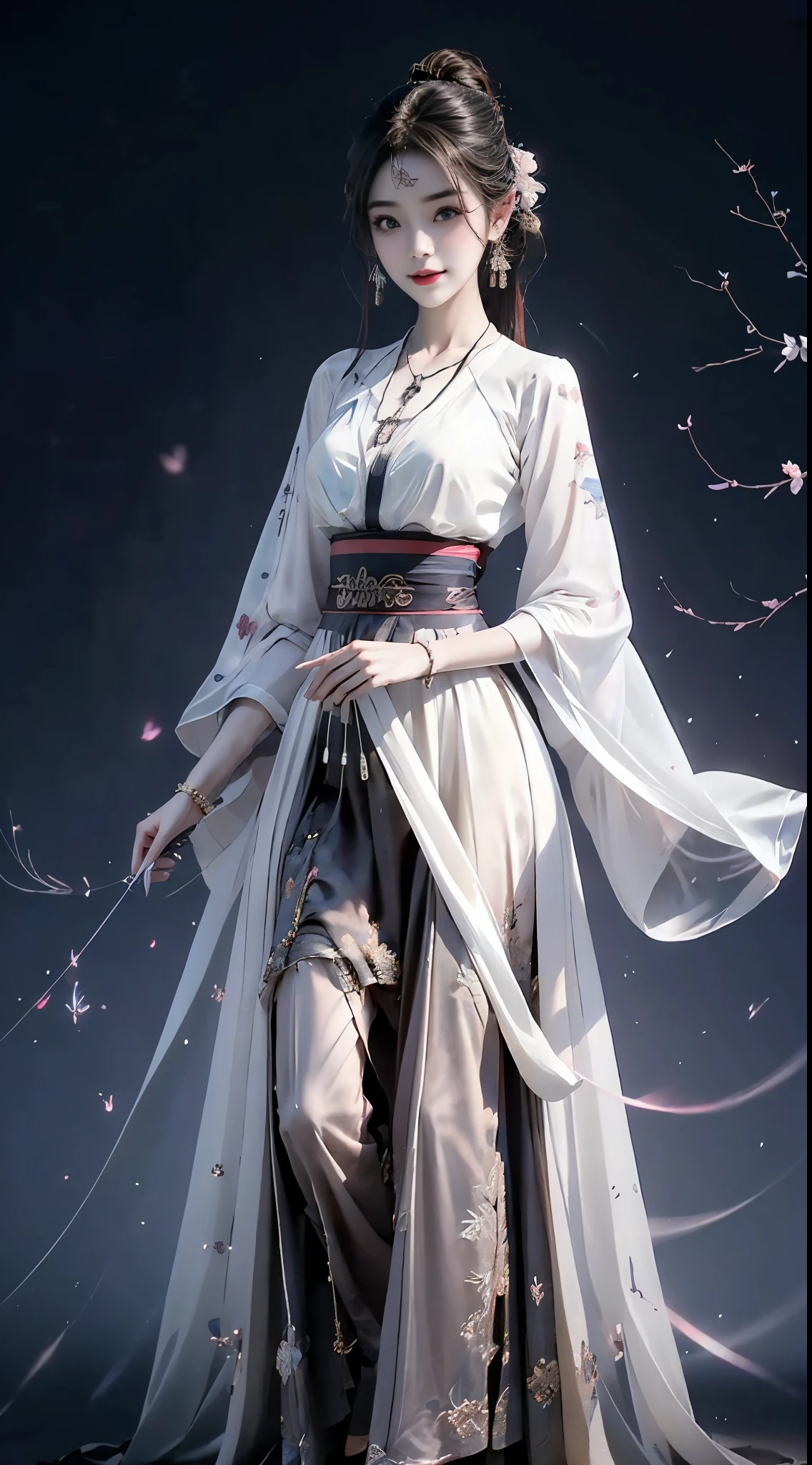 hanfu, ((knee shot)), 8k, masterpiece, original photo, best quality, detail:1.2), ((Shot at random angles)), lifelike, Extremely detailed CG unified 8k wallpapers, depth of field, movie light, lens flare, Ray tracing, (extremely beautiful face, beautiful lips, beautiful eyes), intricate detail face, ((ultra detailed skin)) 1 girl, in the darkness, deep shadow, beautiful korean girl, kpop idol,(Very slim figure:1.3), plump breasts, (bright smile), (City night, (neon lights), (night), beautiful korean girl, white diamond earrings, diameter bracelet, Dia Necklace, clear eyes, Walk, (big eyes)