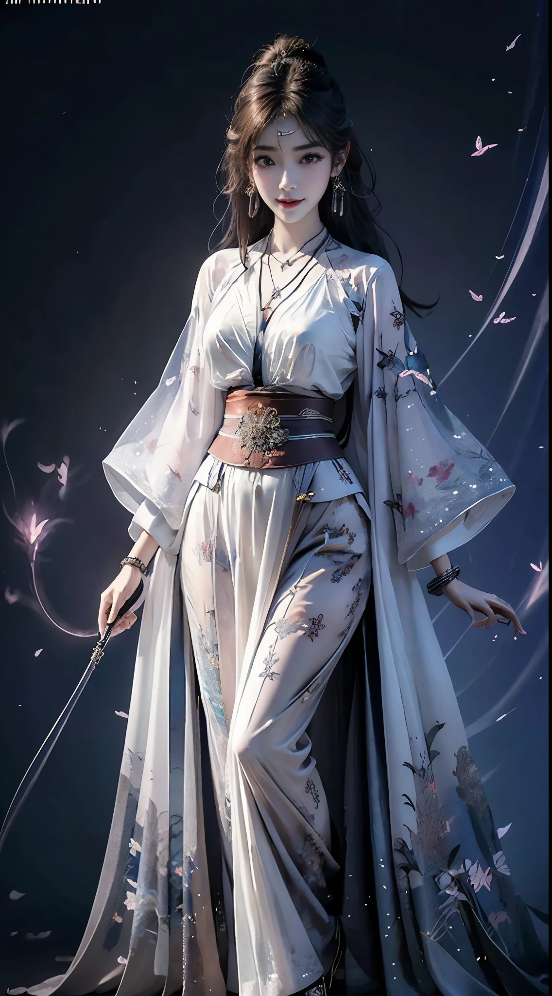 hanfu, ((knee shot)), 8k, masterpiece, original photo, best quality, detail:1.2), ((Shot at random angles)), lifelike, Extremely detailed CG unified 8k wallpapers, depth of field, movie light, lens flare, Ray tracing, (extremely beautiful face, beautiful lips, beautiful eyes), intricate detail face, ((ultra detailed skin)) 1 girl, in the darkness, deep shadow, beautiful korean girl, kpop idol,(Very slim figure:1.3), plump breasts, (bright smile), (City night, (neon lights), (night), beautiful korean girl, white diamond earrings, diameter bracelet, Dia Necklace, clear eyes, Walk, (big eyes)