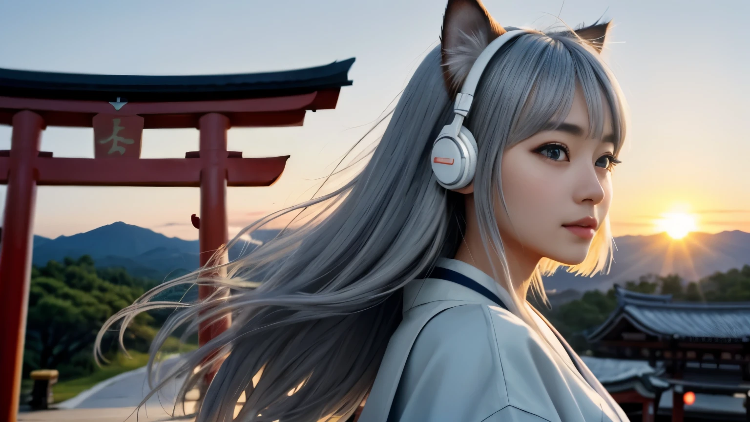 masterpiece, highest quality, movie stills, 1 girl, Cloud Girl, floating in the sky, close, bright, Happy, warm and soft lighting, sunset, (spark:0.7)、Cat ear、headphone、gray hair、17 year old girl、cute、Glamour、good style、laughter、Plump、good style、shrine、torii、In town、shrine maiden、fortune teller、mature、silver hair、long hair、big eyes、double eyelid、whole body、back view、