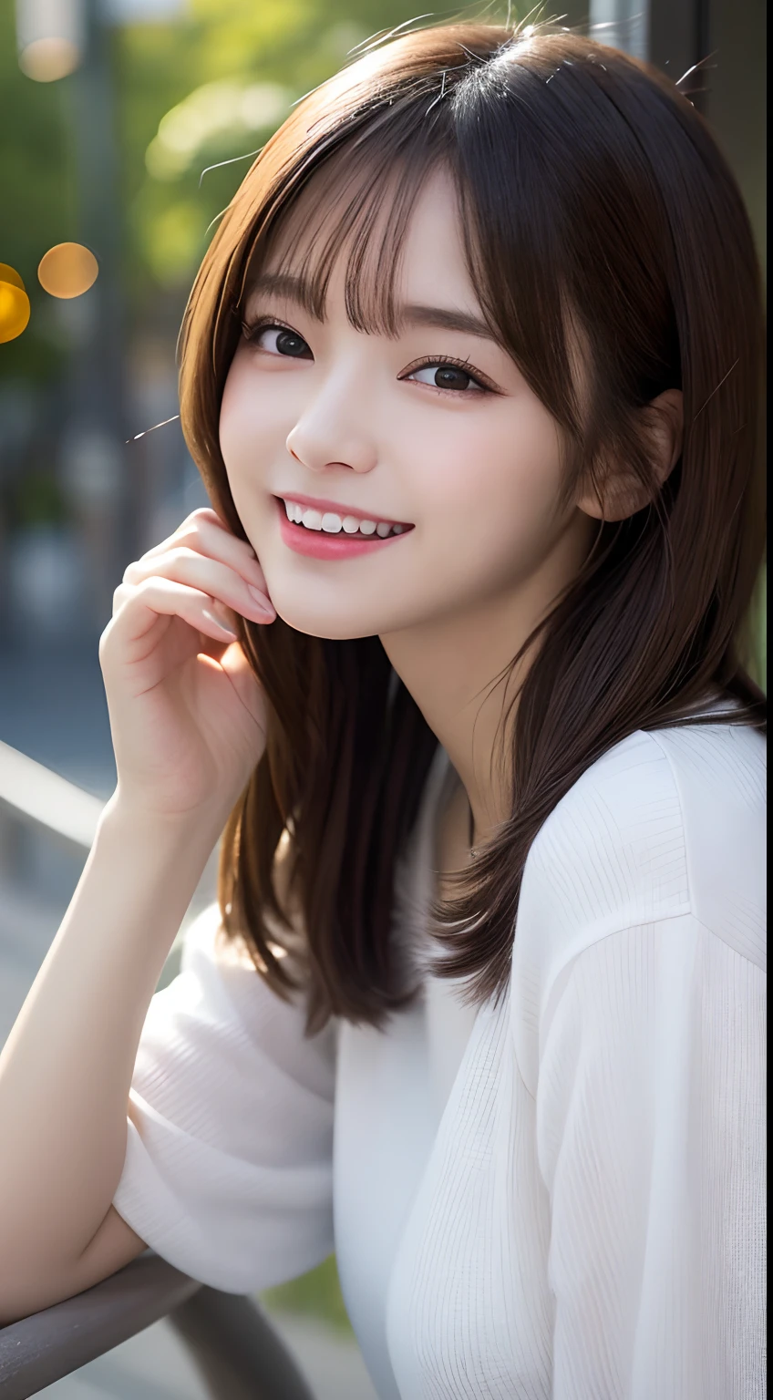 finely detail, hight resolution, hightquality、Perfect dynamic composition, Beautiful detailed eyes, Medium Hair, 、Natural Color Lip,Kamimei、Shibuya、20 years girl、1 persons、Transparent skin、Glowing hair、masutepiece, Best Quality, Illustration, Ultra-detailed, finely detail, hight resolution, 8K、The correct state of the human body、Crouch down、pretty pose,dishevled hair,beauty legs,Perfect beautiful face,KPOP Idol Face,A face with its mouth wide open and a loud laugh